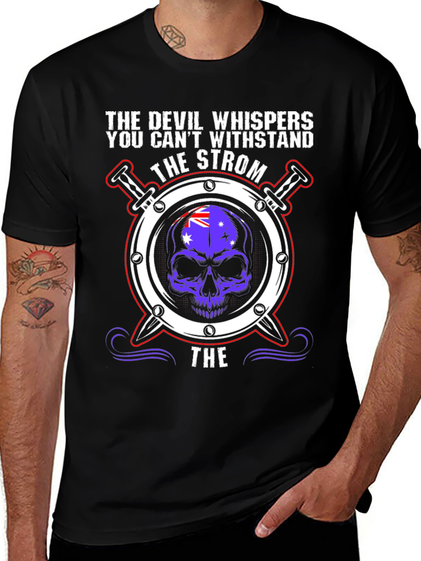 Variant 18 of Devil Whispers Strom T-Shirt - Skull & Flag Design