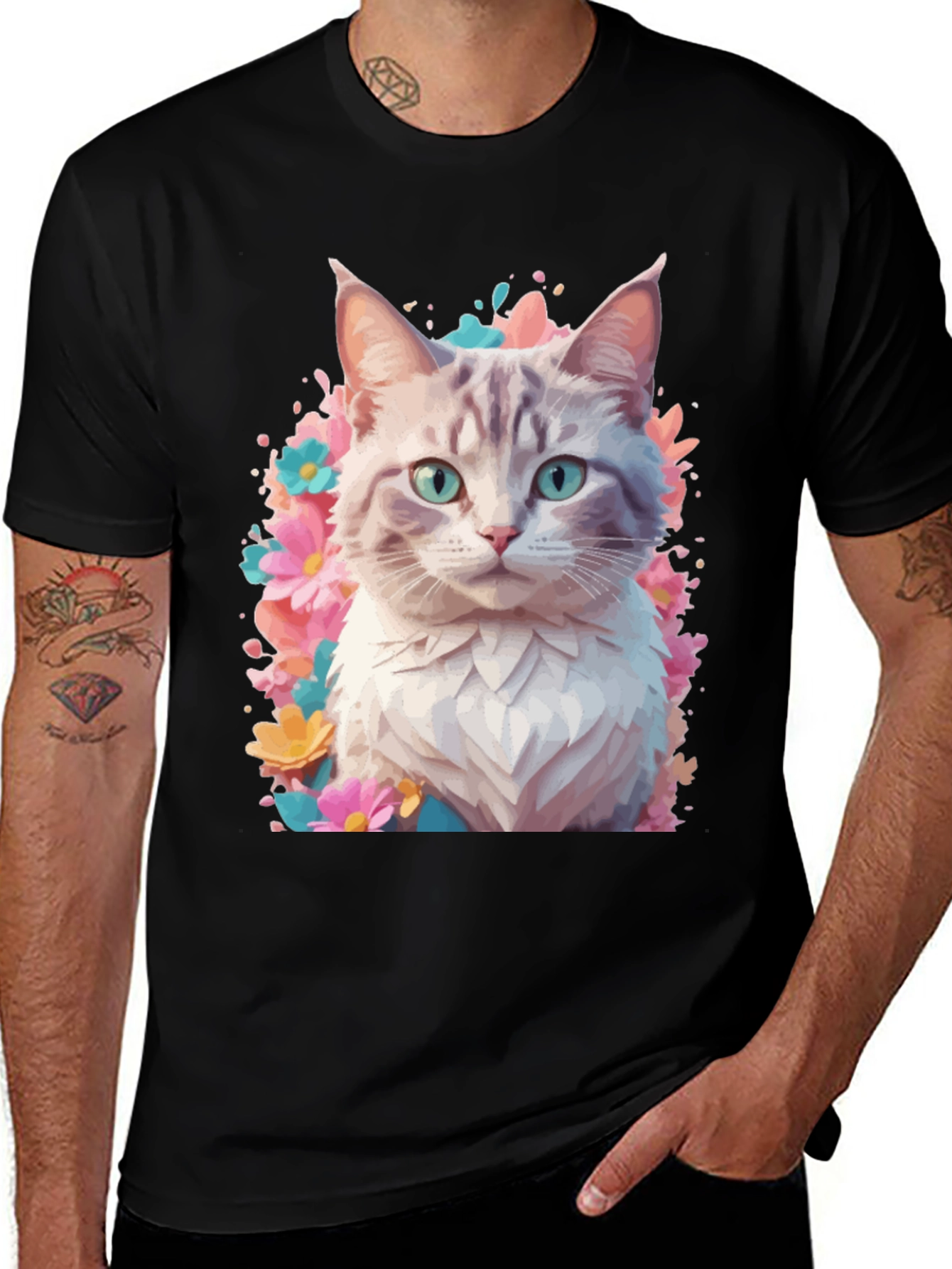 Cat Floral T-Shirt - Artistic Kitten Tee