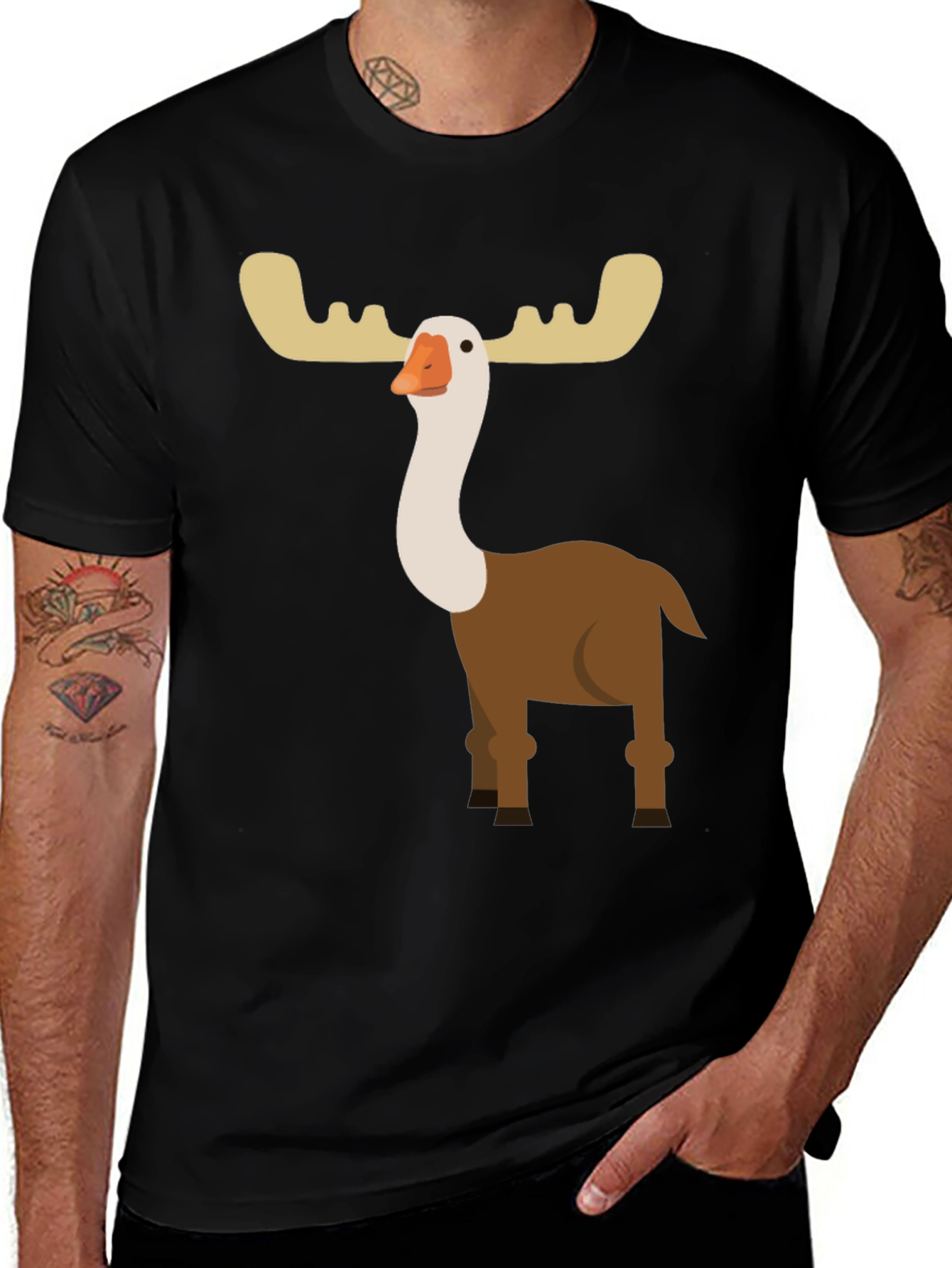 Moose Goose Black T-Shirt - Quirky Cartoon Animal Tee