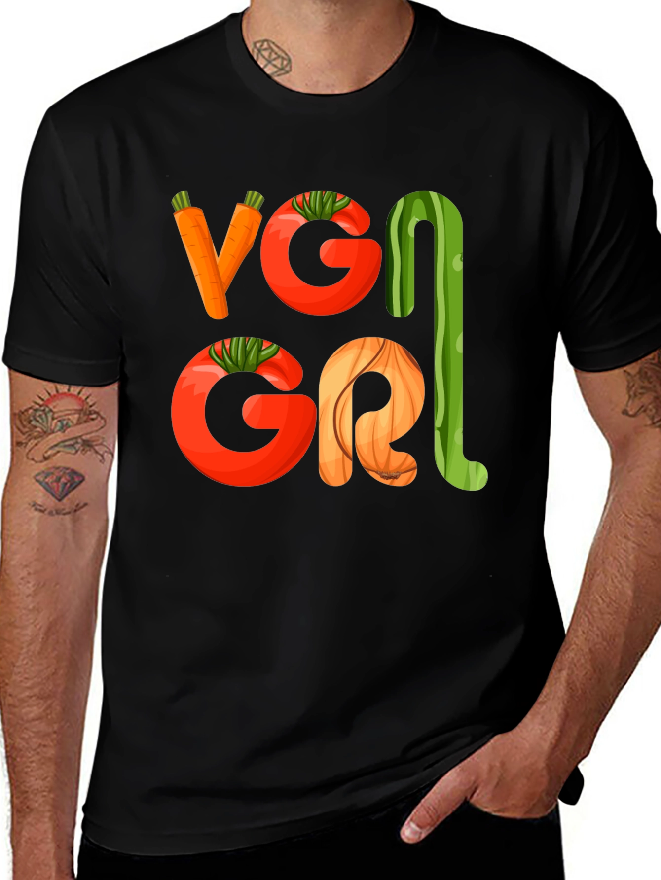 Variant 13 of Vegan Vegetable Letter Graphic Black T-Shirt