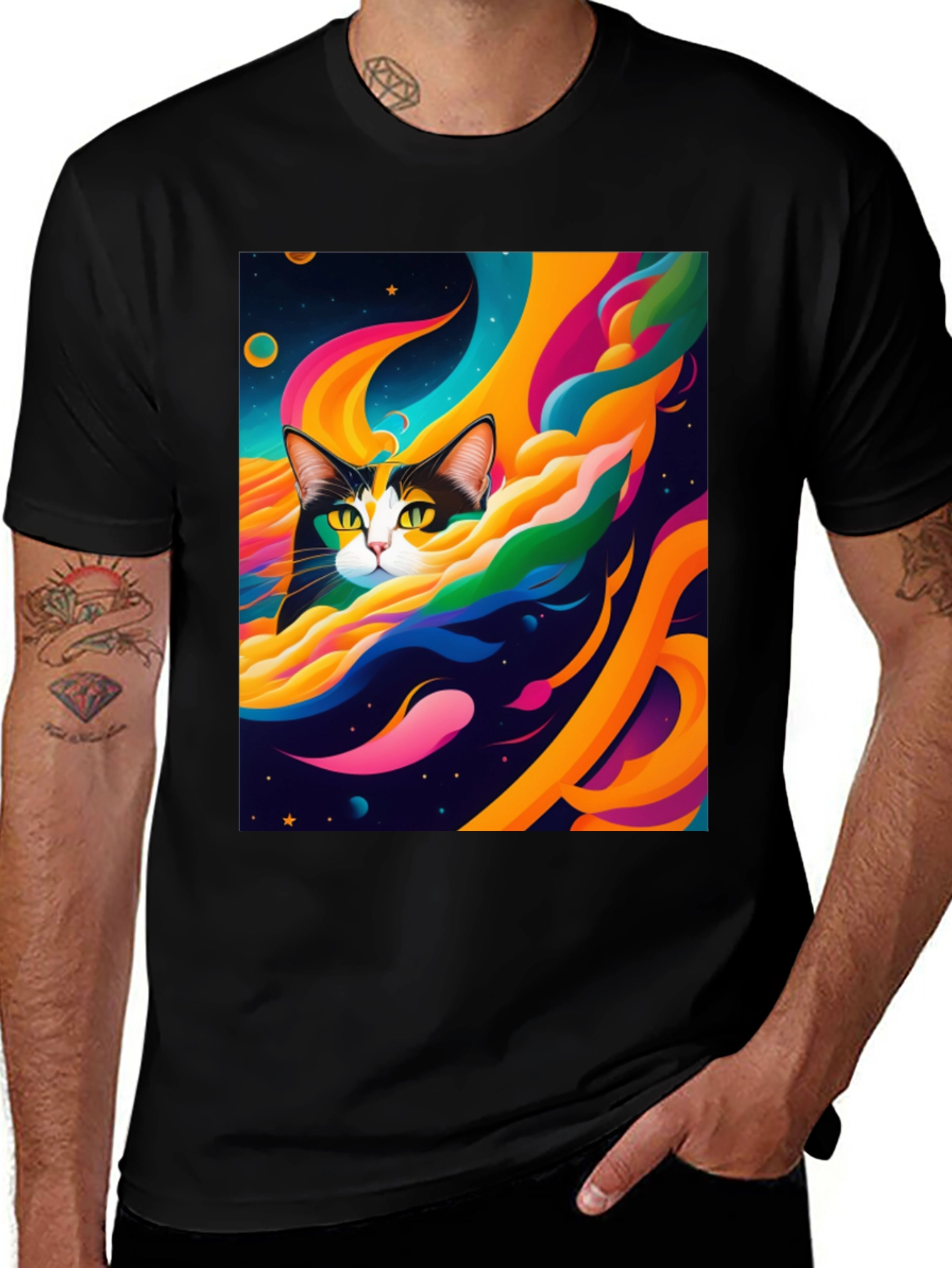 Variant 21 of Cosmic Cat T-Shirt - Colorful Space Art