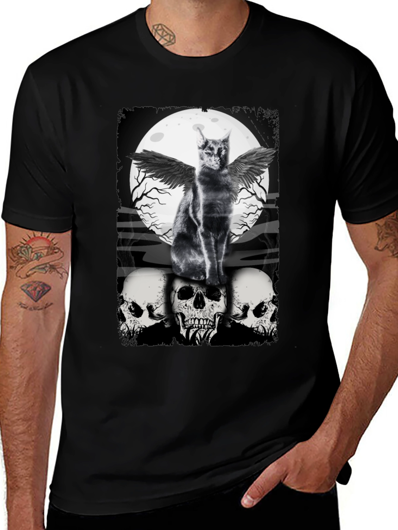 Variant 24 of Gothic Cat T-Shirt - Angel Wings & Skulls