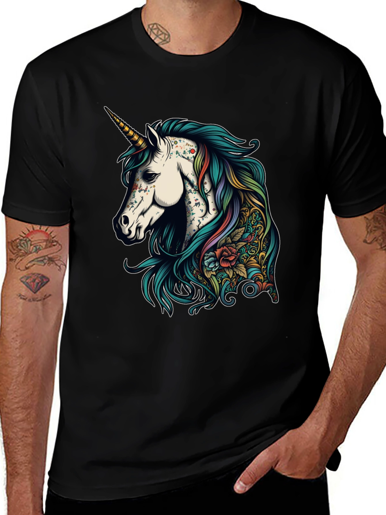 Variant 15 of Unicorn Tattoo Style Graphic Print Tee - Black