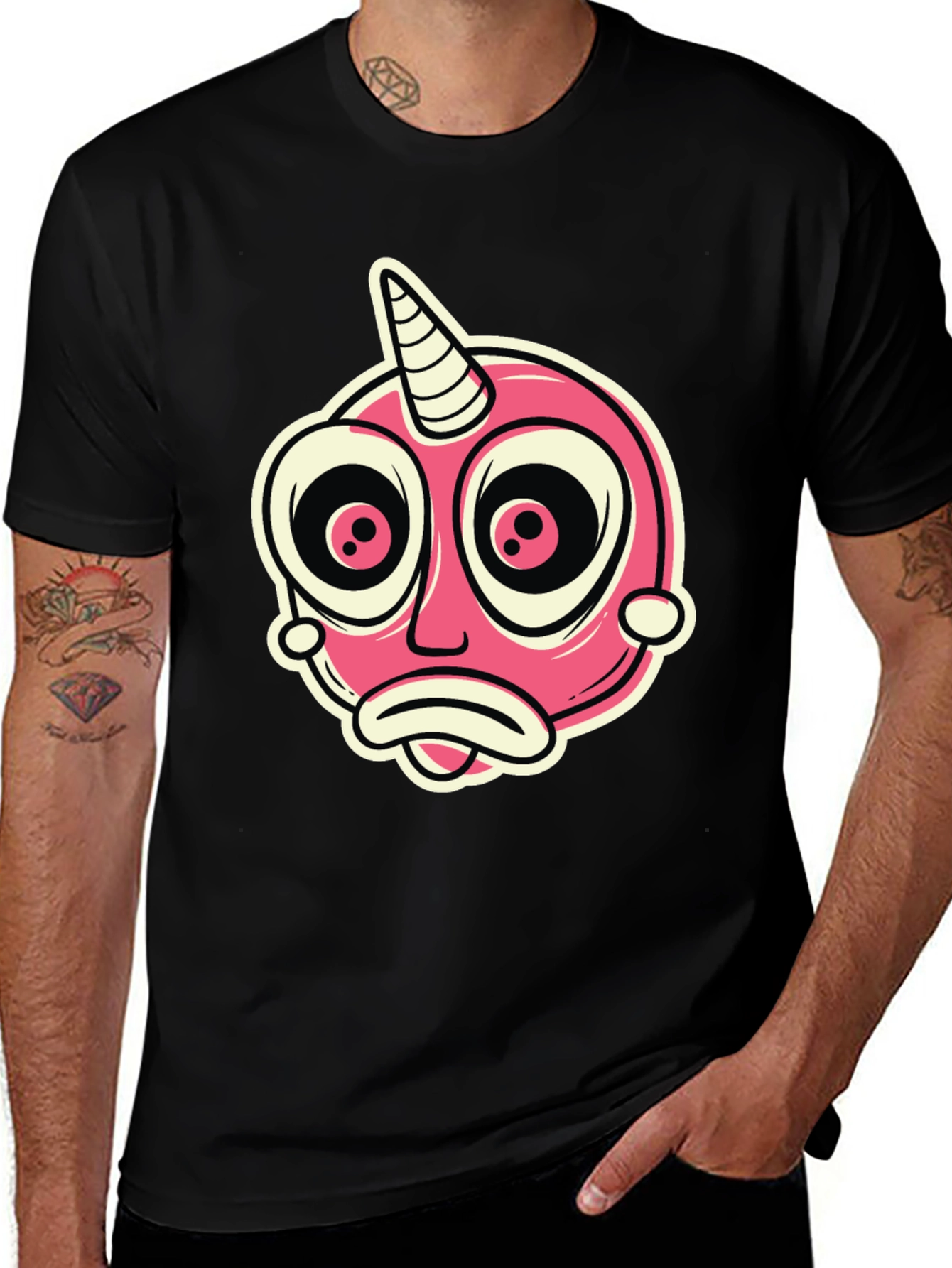 Variant 28 of Cartoon Unicorn Creature Graphic Black T-Shirt