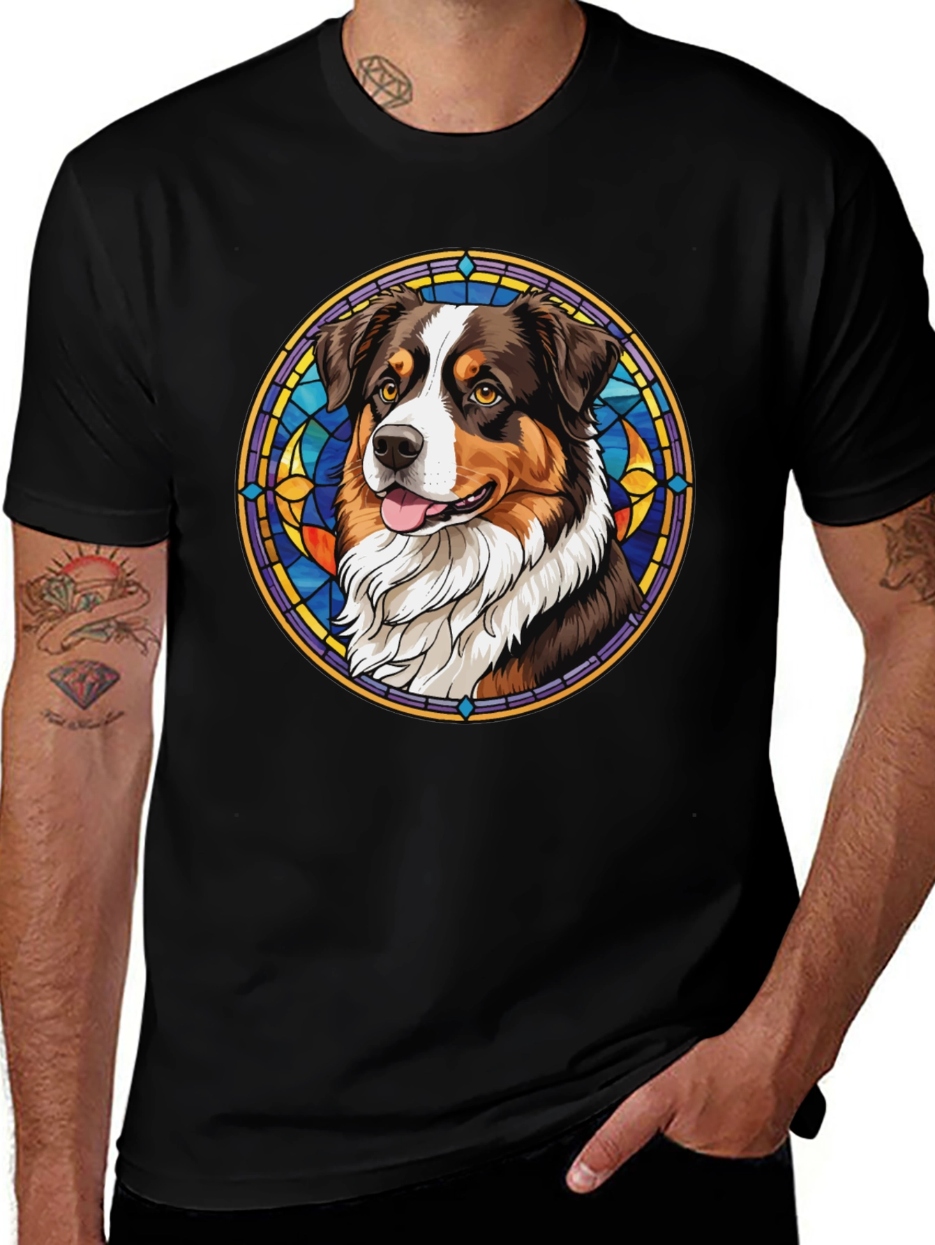Variant 19 of Stained Glass Dog Graphic Tee - Black Cotton Blend