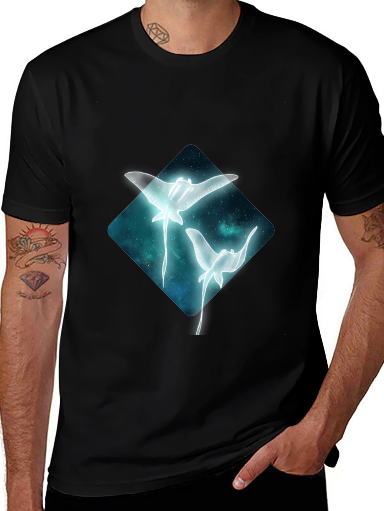 Variant 2 of Glowing Stingray Graphic Tee - Black Cotton Comfort