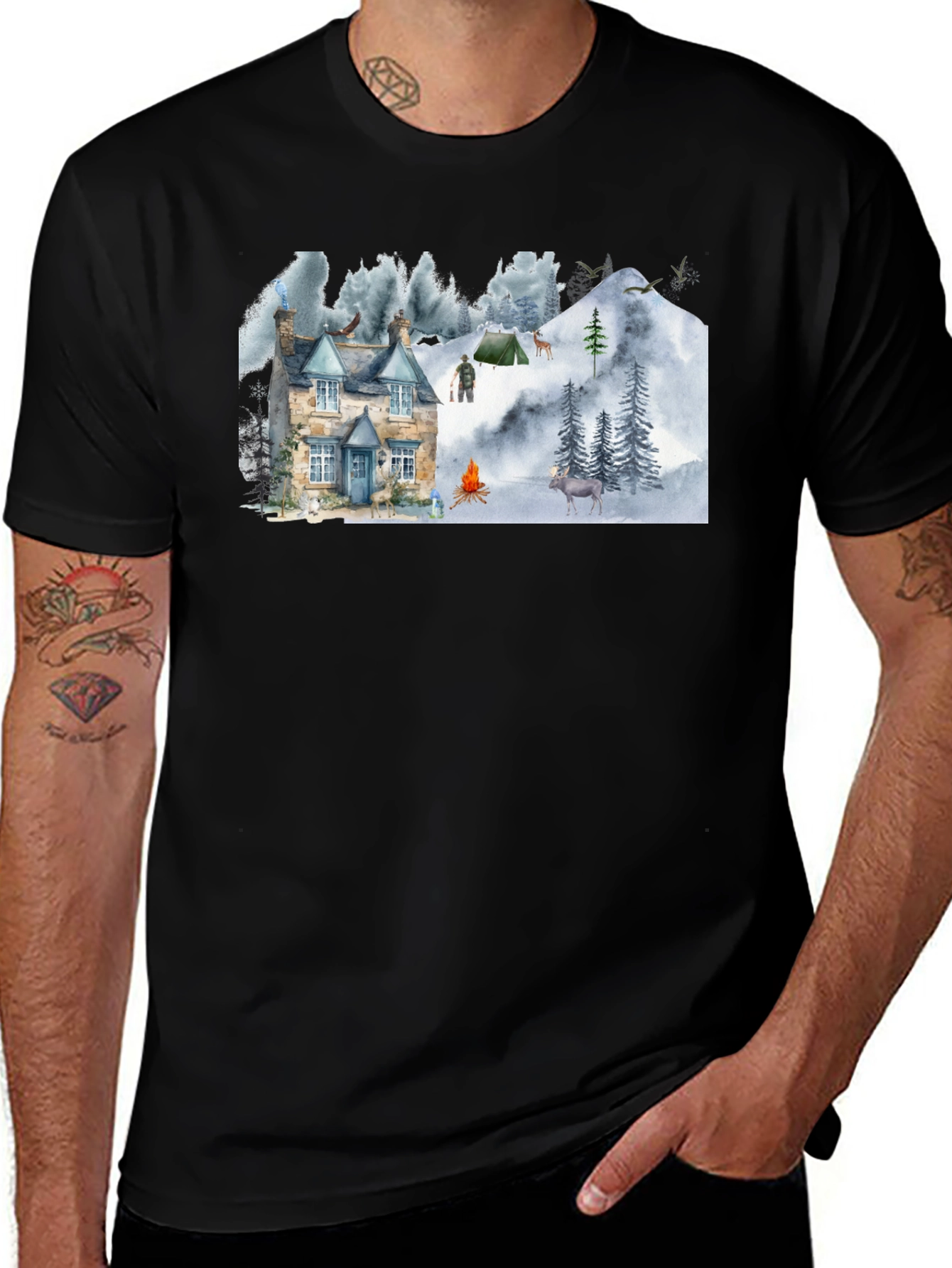 Variant 12 of Cozy Cabin Mountain Scene Graphic T-Shirt