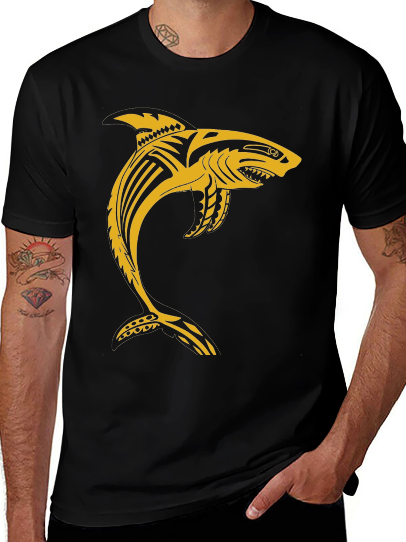 Variant 29 of Black T-Shirt with Tribal Shark Graphic