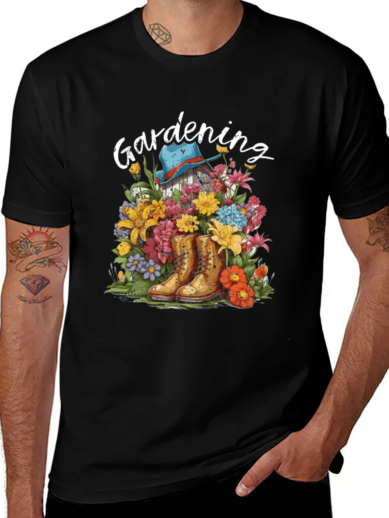 Gardening T-Shirt with Boots and Flowers Design