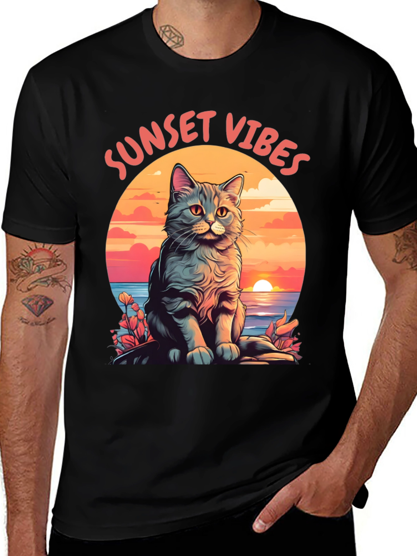 Variant 29 of Sunset Vibes Cat Graphic Tee - Unisex