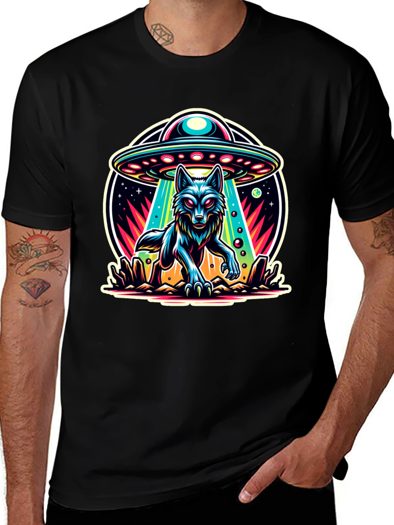 Variant 7 of Wolf Abduction T-Shirt - Alien UFO Design