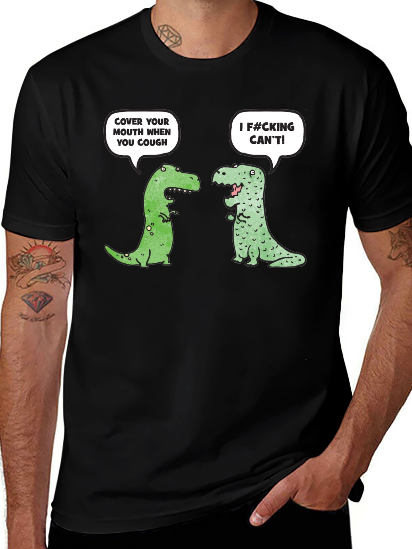 Black Funny Dinosaur Cough Cover T-Shirt main image