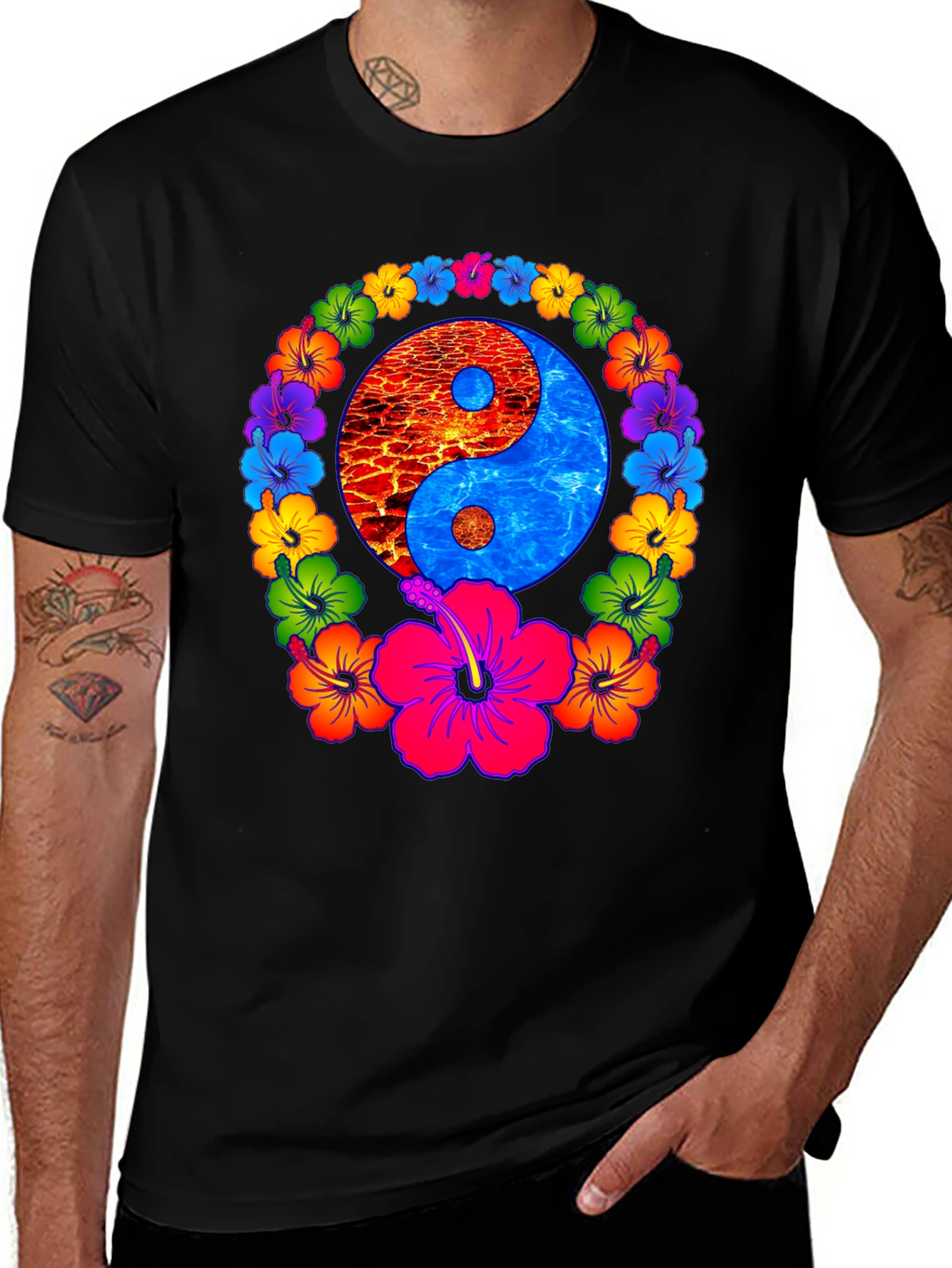 Variant 12 of Yin Yang Hibiscus T-Shirt - Fire and Water Balance