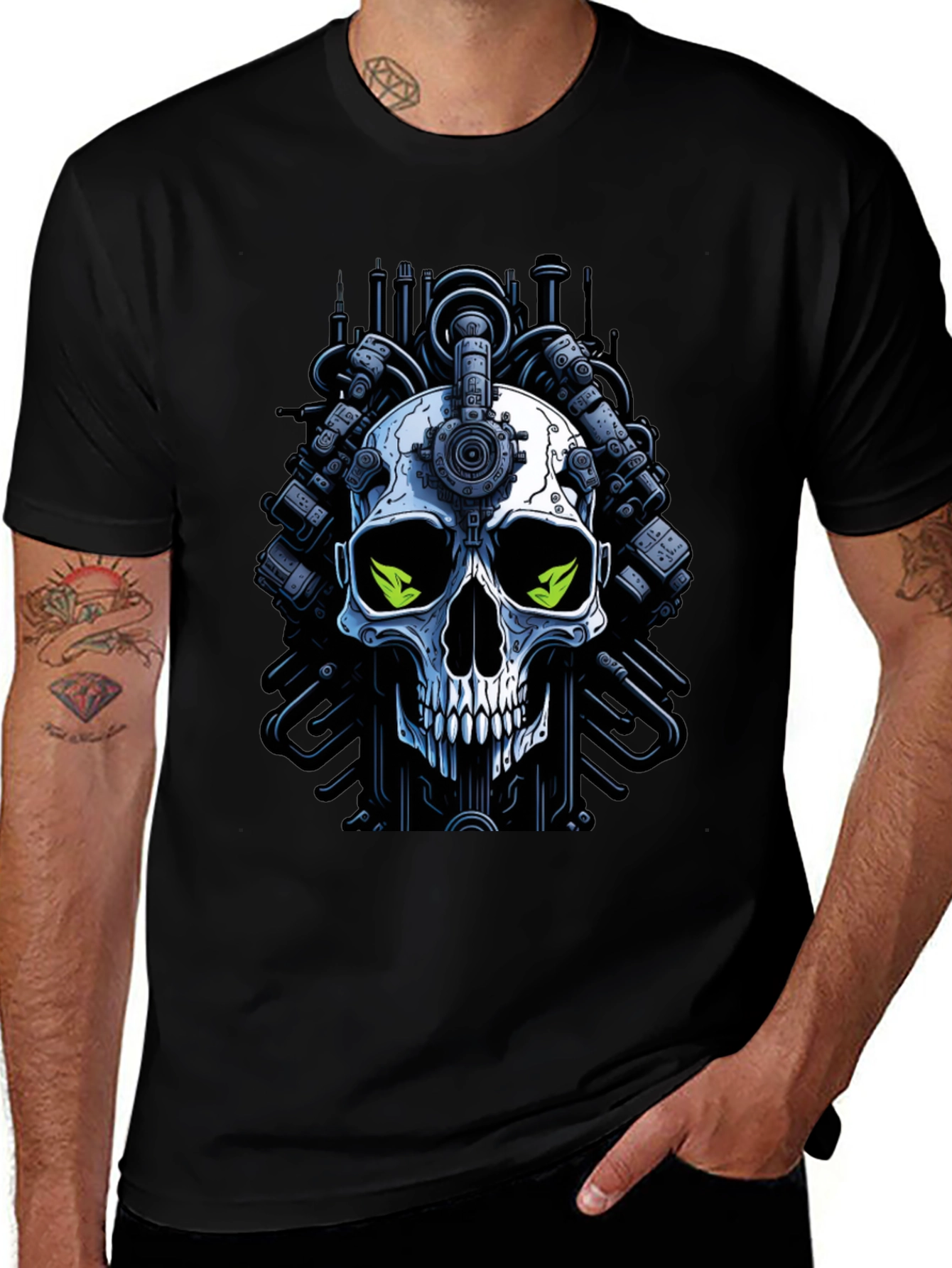 Cyberpunk Skull Graphic Tee - Edgy Robot Skull Design