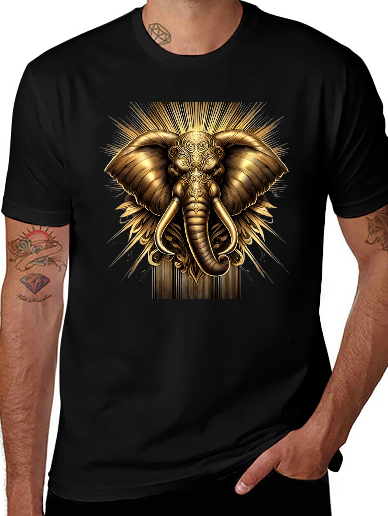 Variant 29 of Golden Elephant Graphic Tee - Stylish Men's Black T-Shirt
