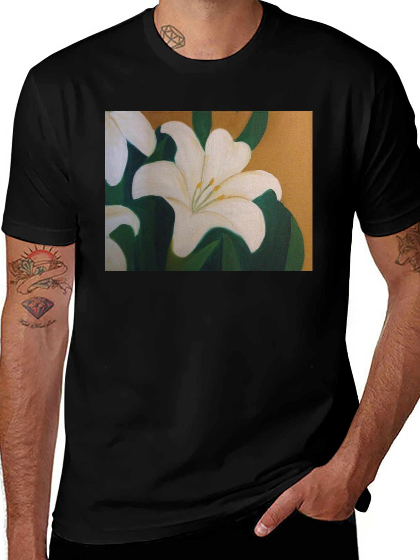 Variant 7 of White Lily Flower Graphic Black T-Shirt