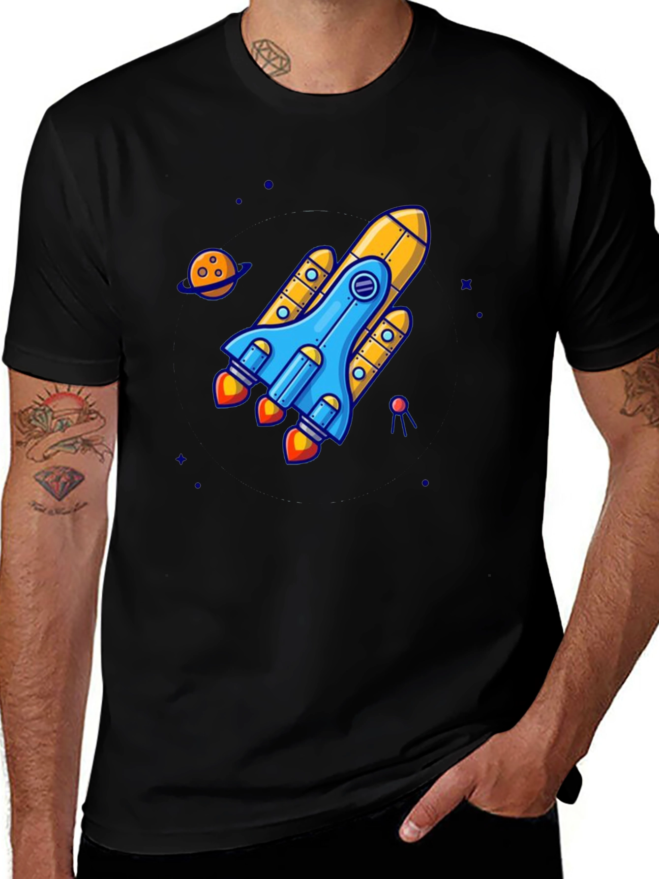 Variant 27 of Rocket Ship Graphic Tee - Black Cotton T-Shirt