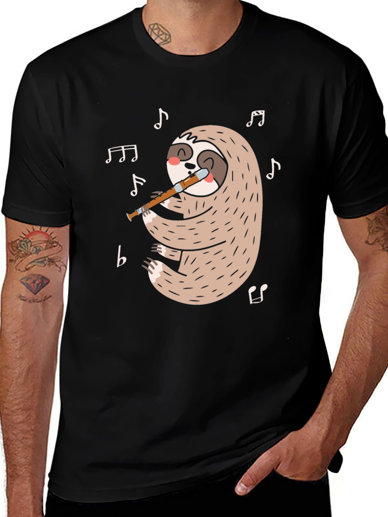 Variant 16 of Sloth Flute Musician Black T-Shirt