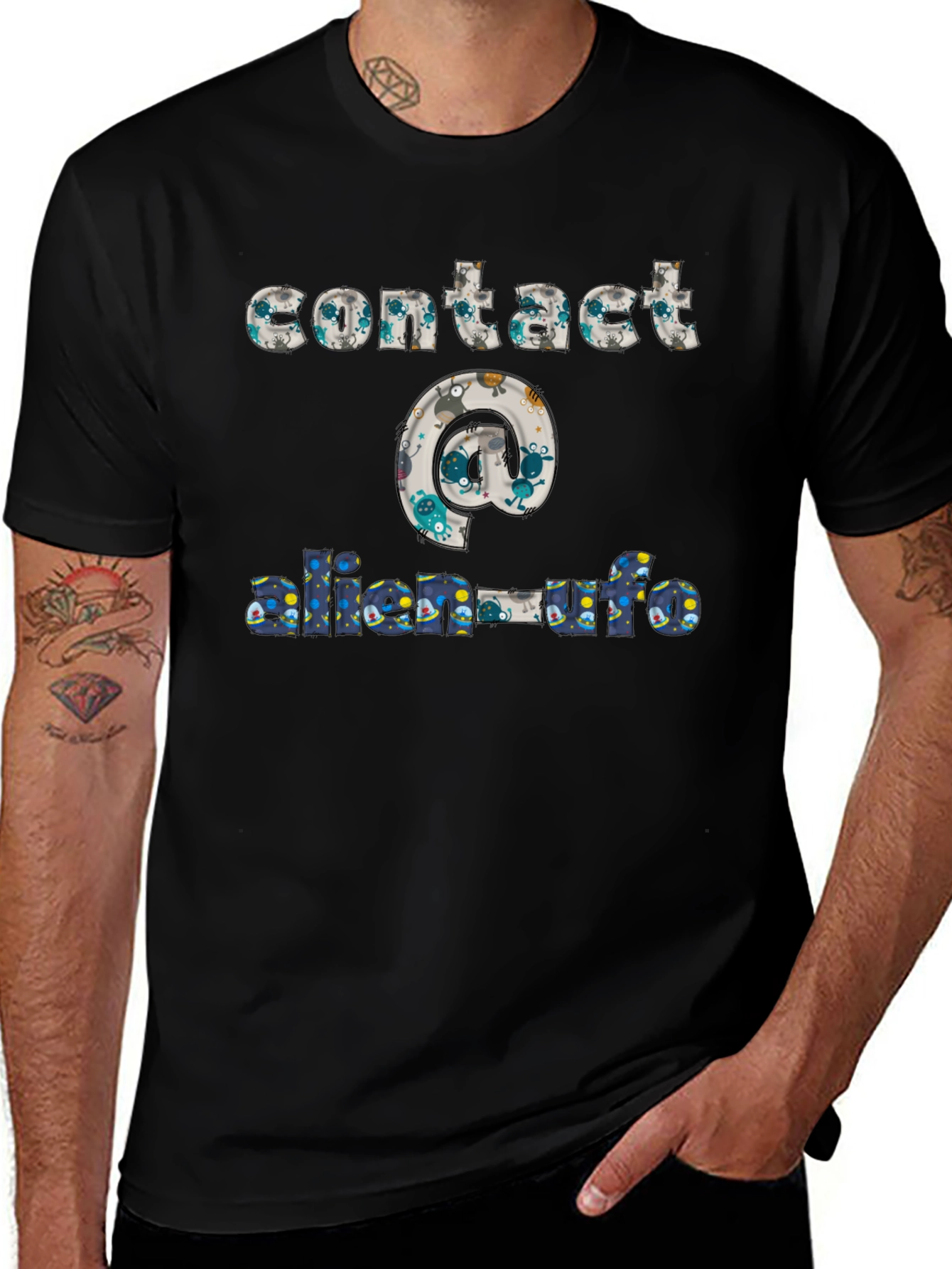 Contact Alien UFO T-Shirt Black Cotton