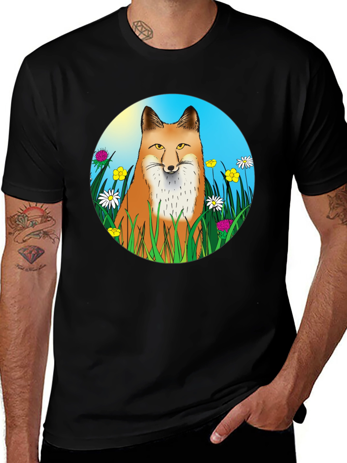 Variant 6 of Fox in Flowers Graphic T-Shirt - Unisex Black Tee