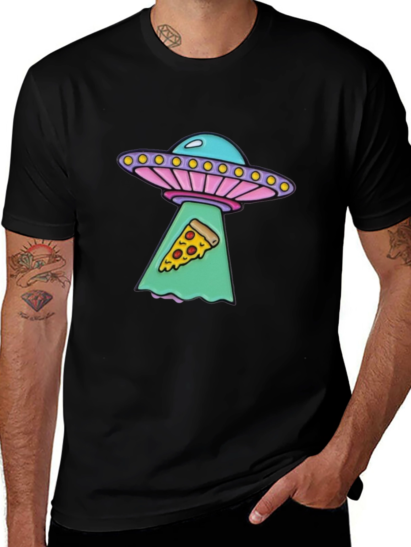 Variant 22 of UFO Abduction Pizza Slice Graphic Tee - Black