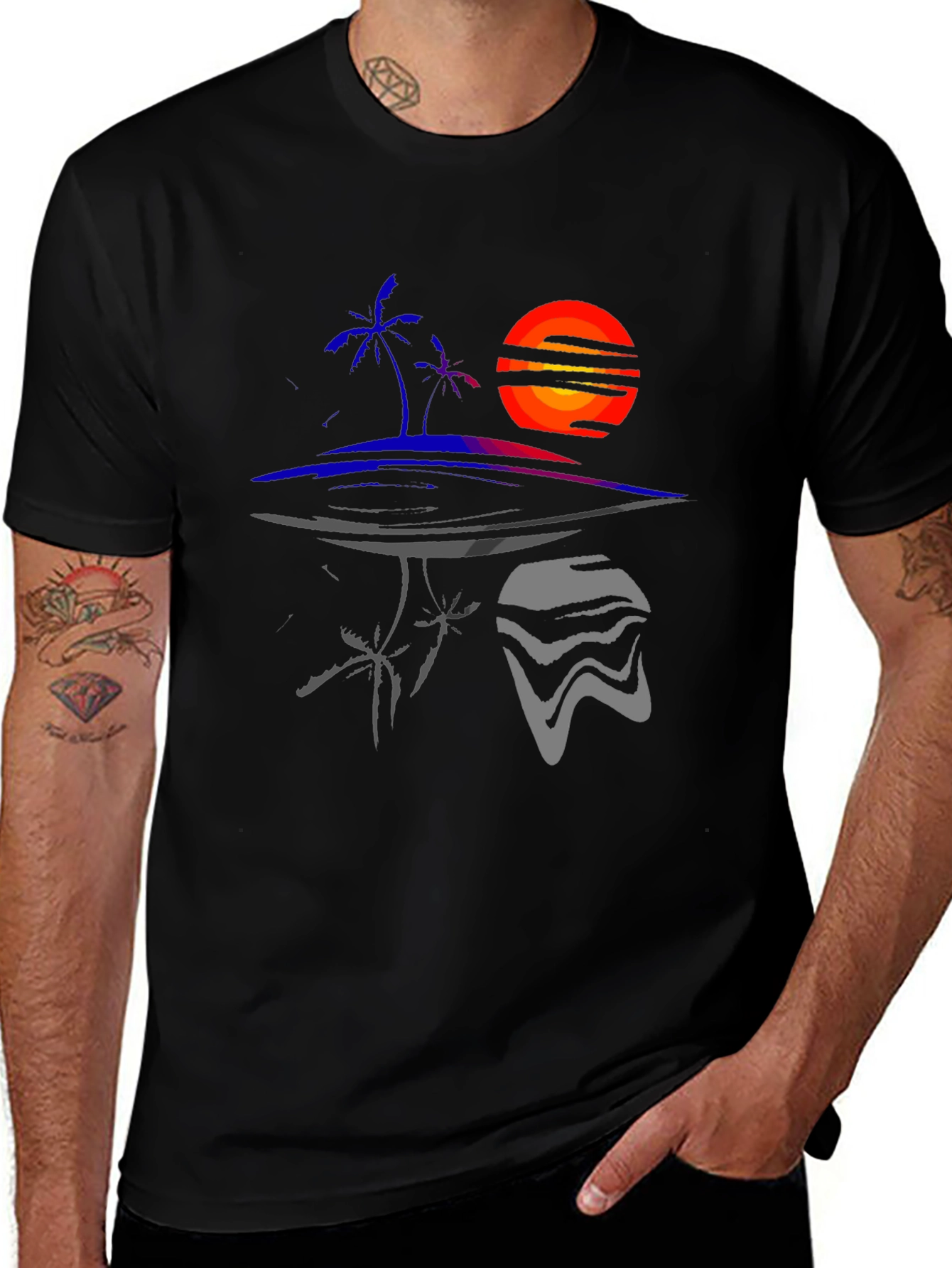 Abstract Sunset Island Graphic Tee - Unique Design