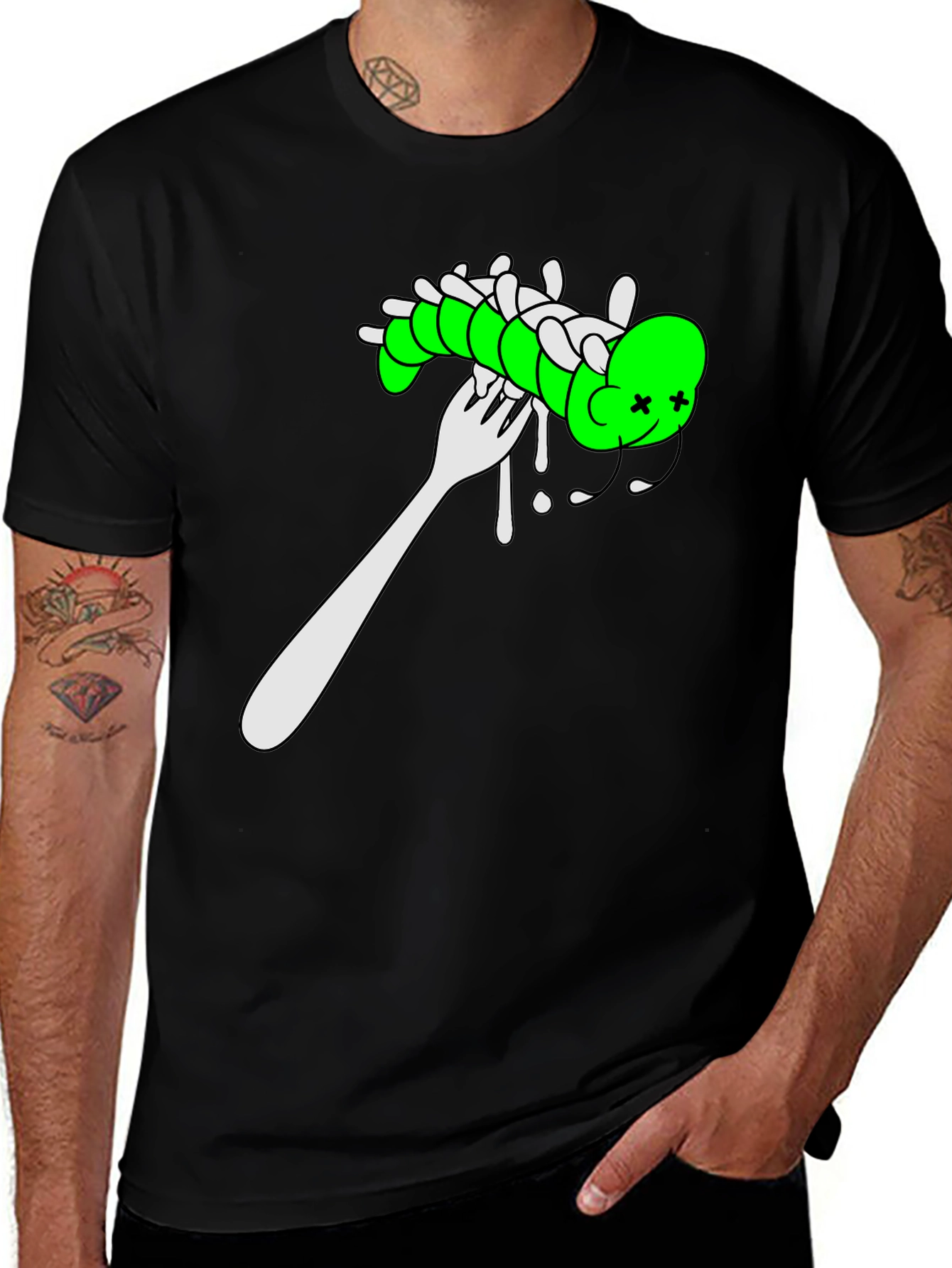 Variant 10 of Caterpillar on Fork Graphic Tee - Quirky Men's T-Shirt