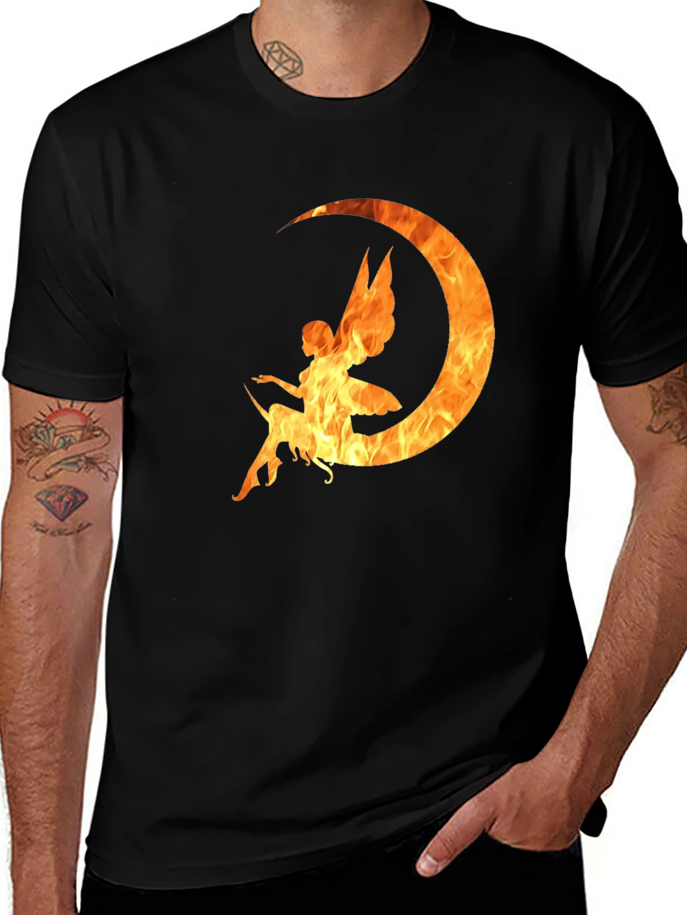 Variant 9 of Fiery Fairy Moon Graphic Tee - Black Cotton Shirt