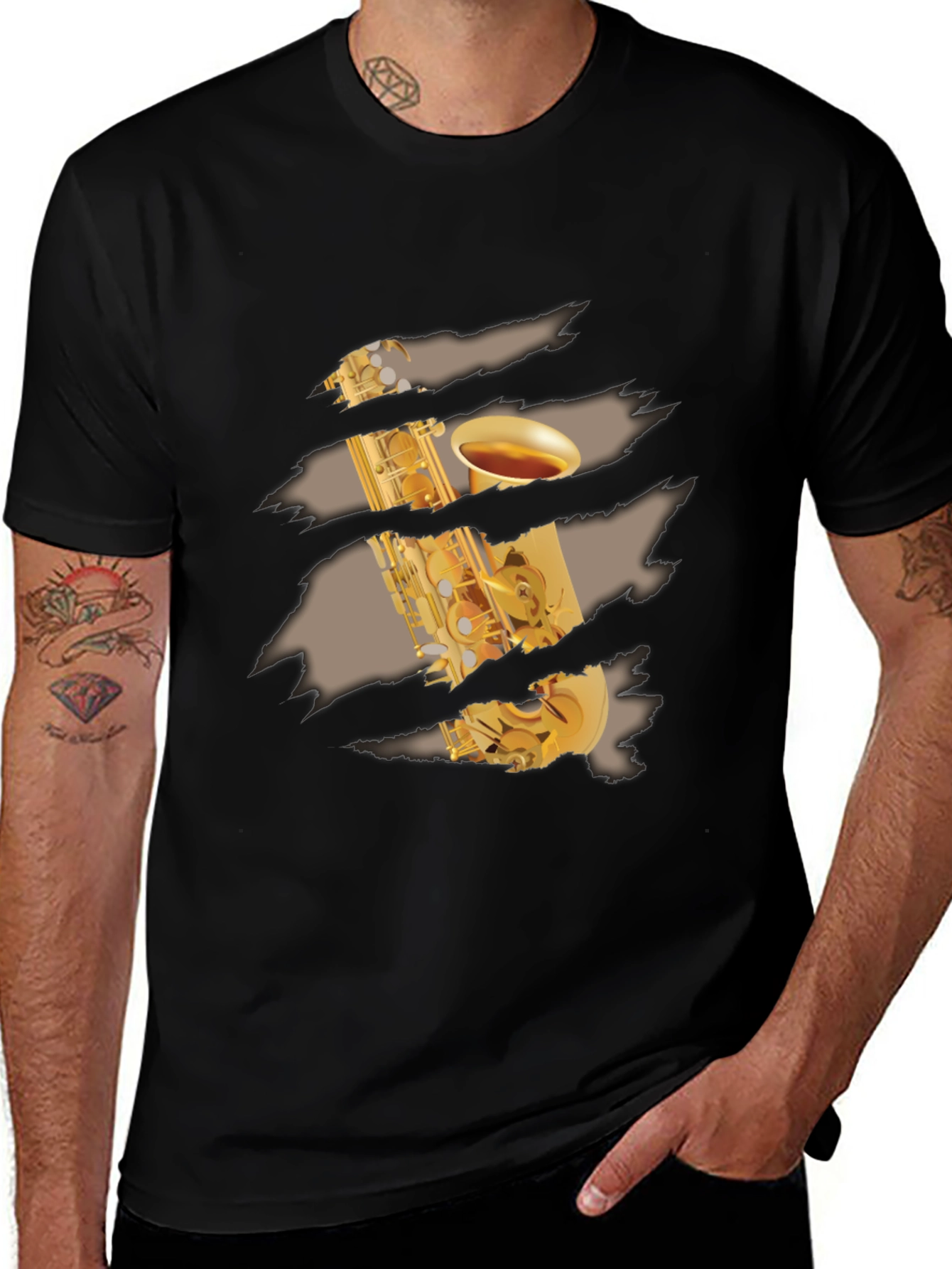 Variant 25 of Saxophone Graphic Print Black T-Shirt