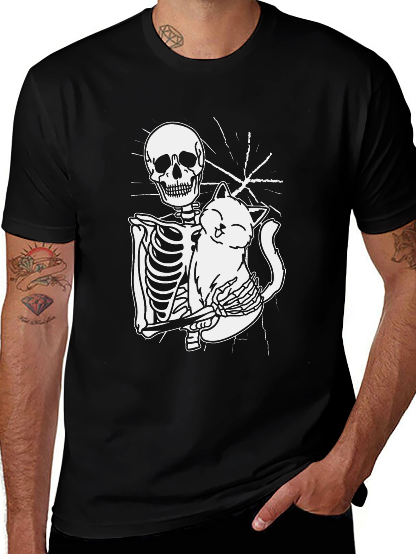 Variant 24 of Skeleton Hugging Cat Graphic Tee - Black