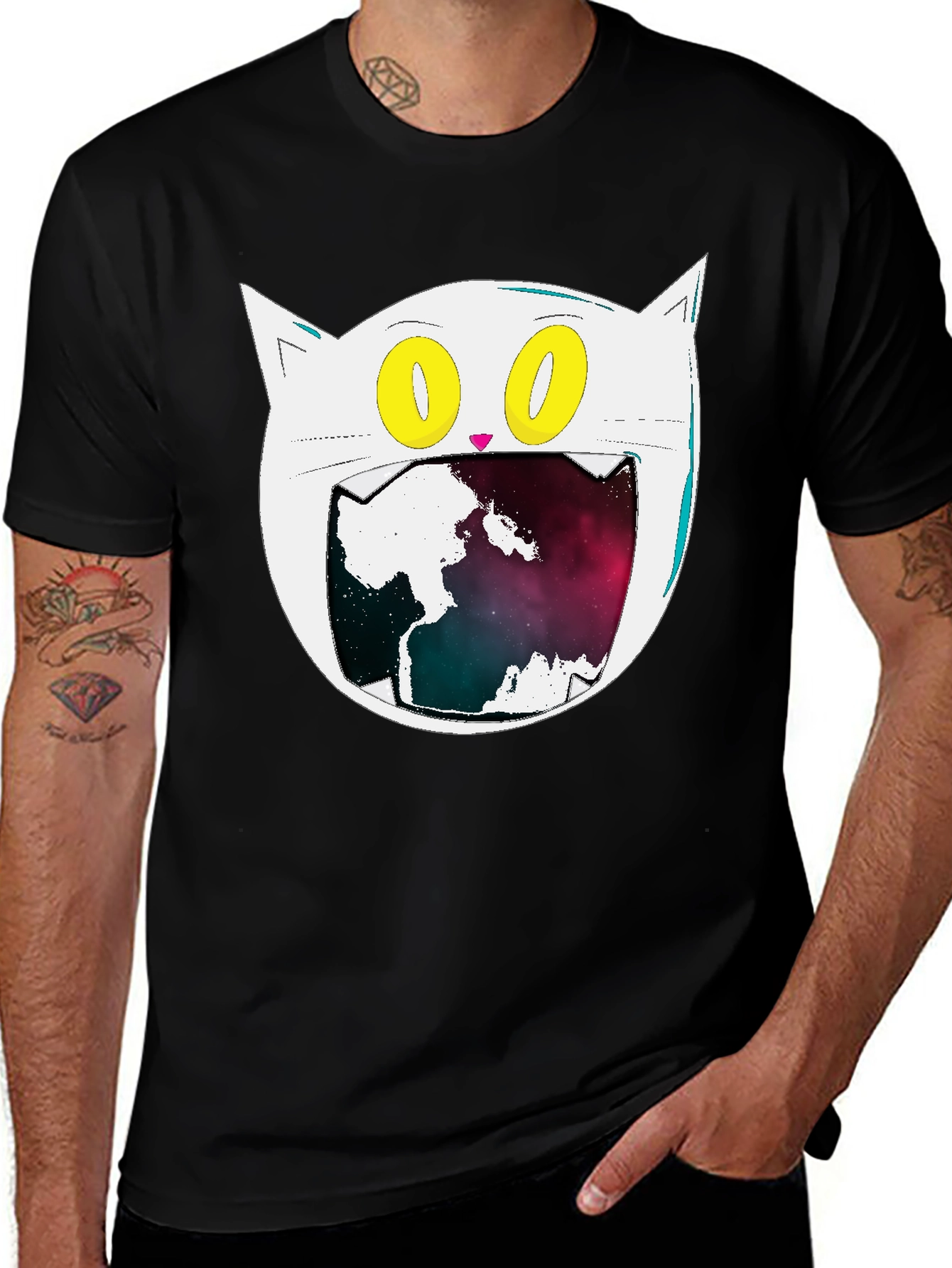 Variant 12 of Cosmic Cat Graphic Tee - Black Cotton Blend