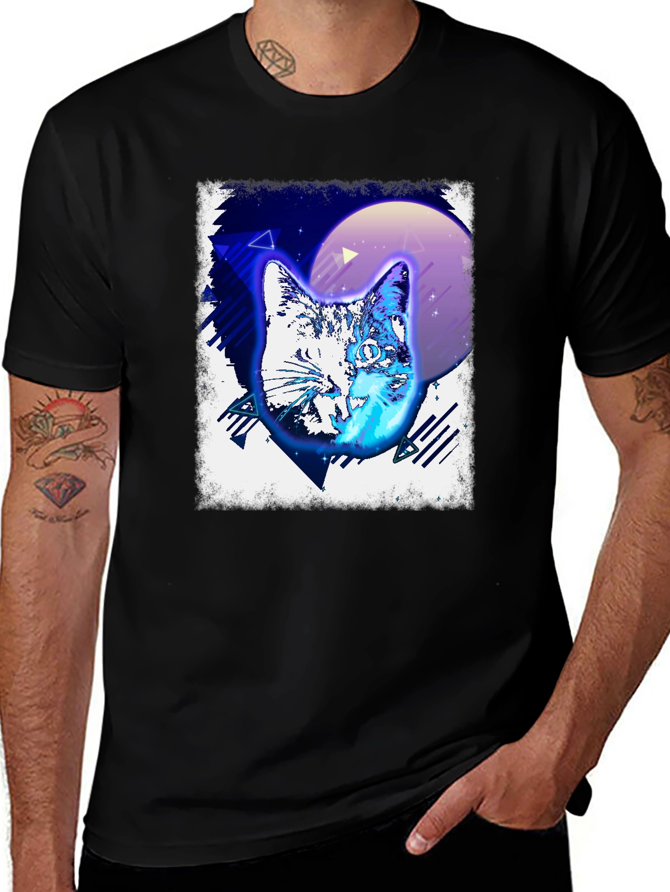 Variant 12 of Retro Cat Graphic Tee - Black Cotton T-Shirt