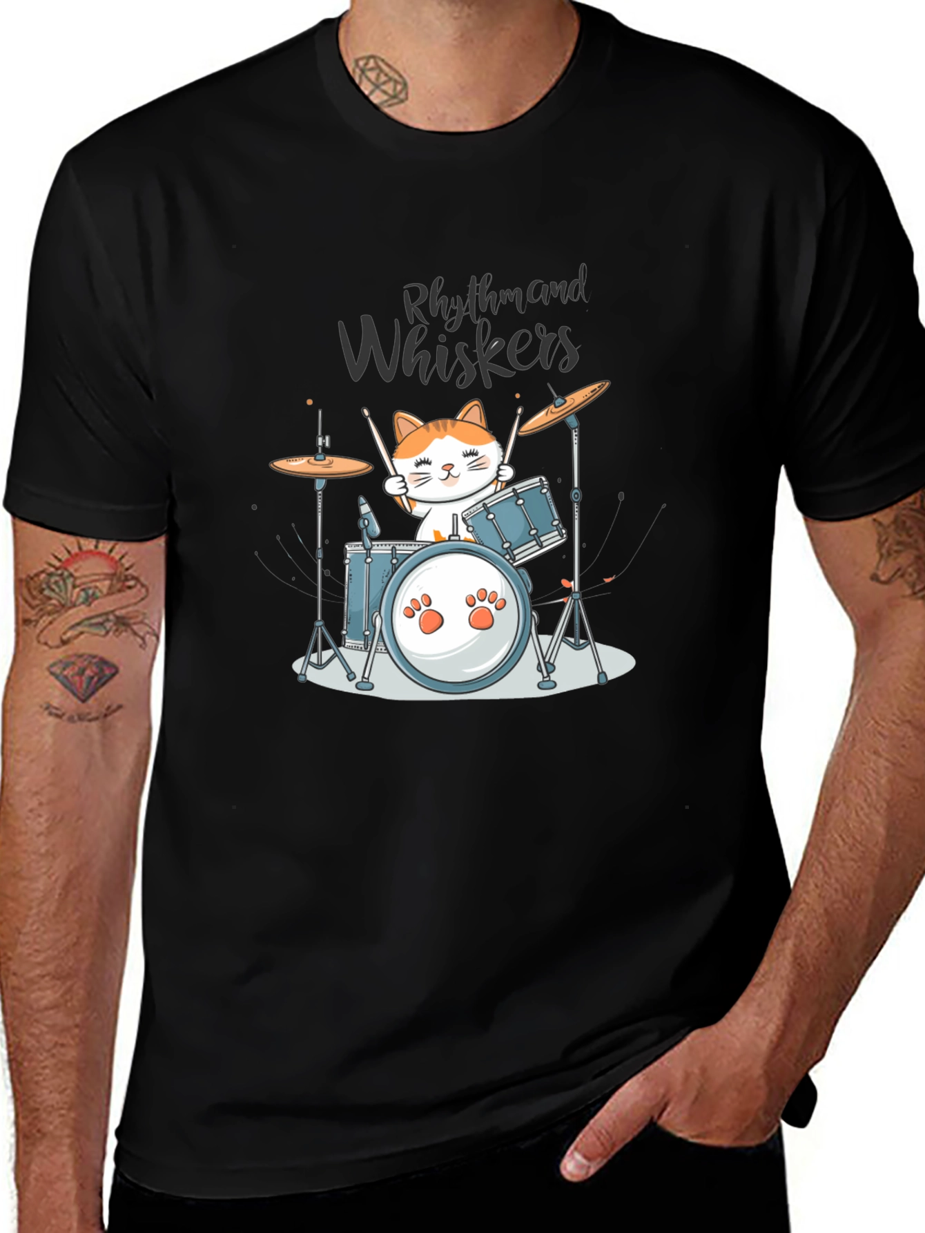 Variant 12 of Rhythm and Whiskers Cat Drummer T-Shirt