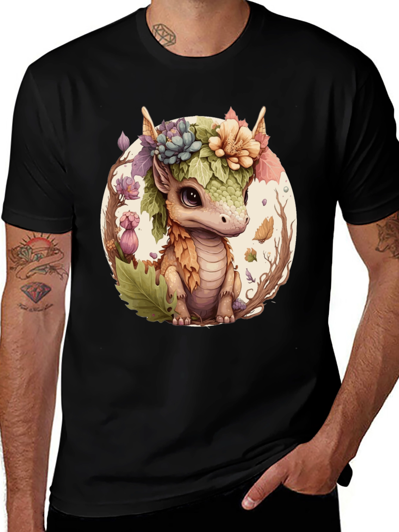 Variant 11 of Floral Dragon Graphic Tee - Whimsical Creature Shirt