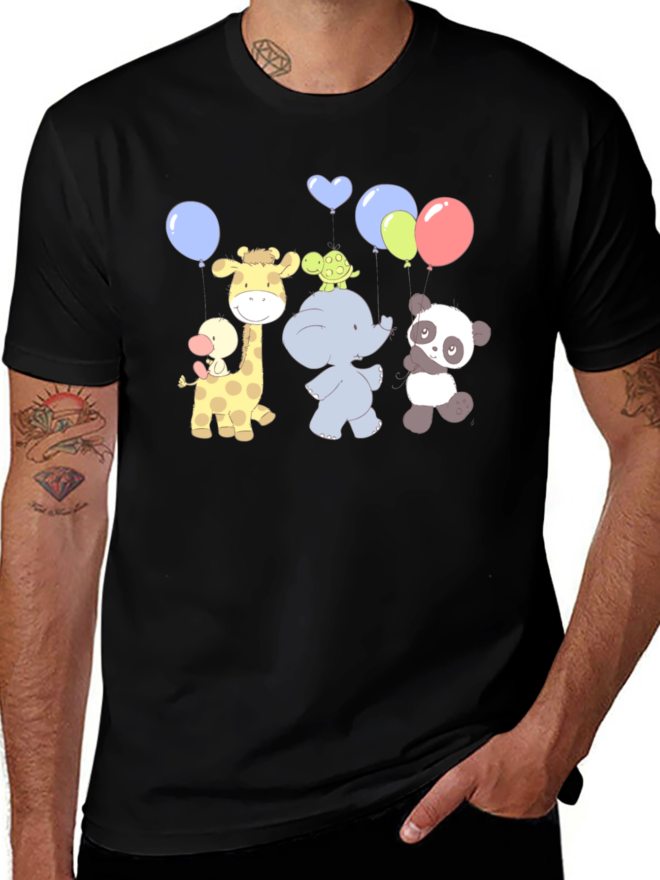 Variant 19 of Cute Cartoon Animal Balloons Graphic Black T-Shirt