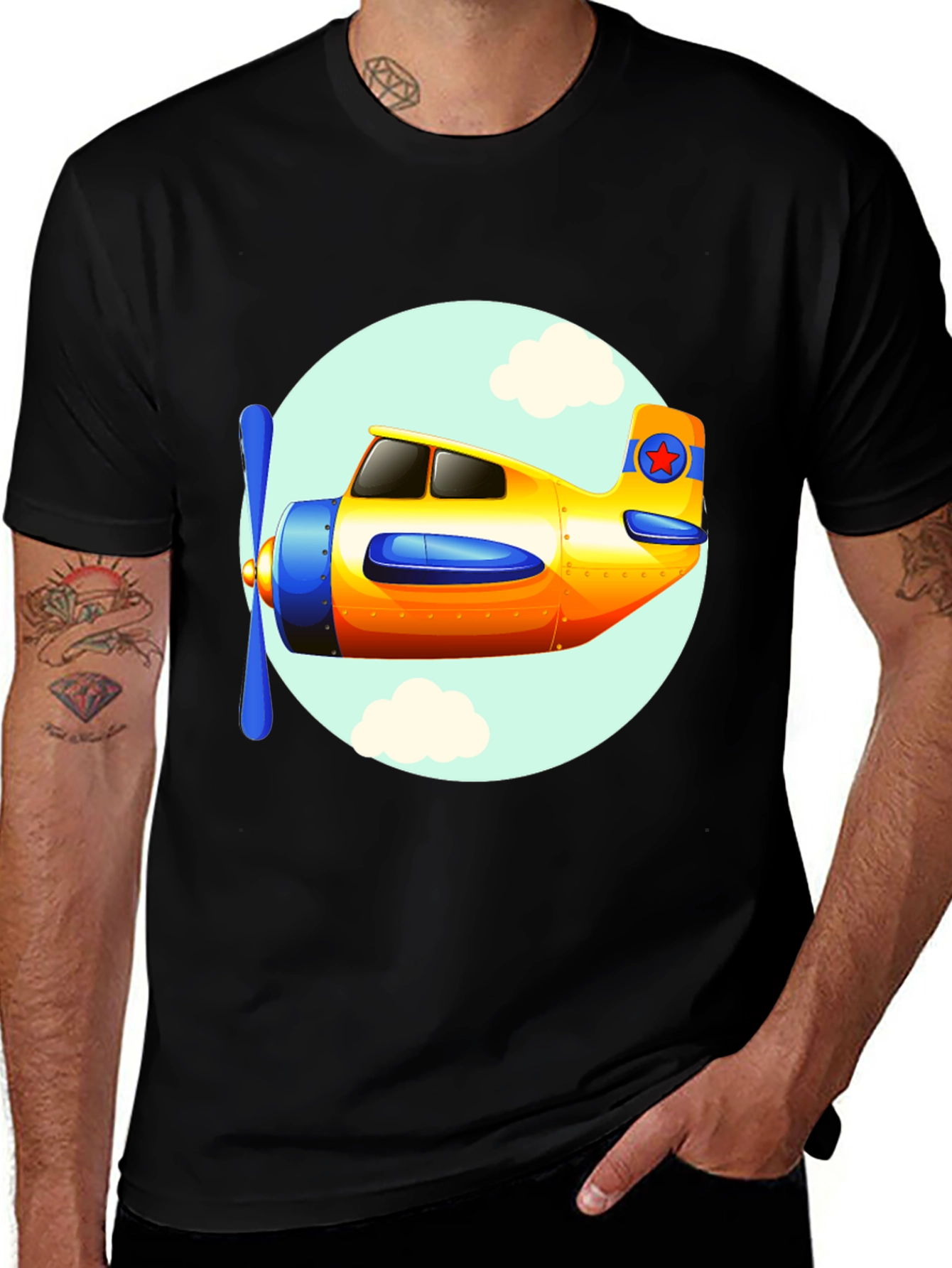 Variant 21 of Cartoon Airplane Graphic Tee - Black Cotton T-Shirt