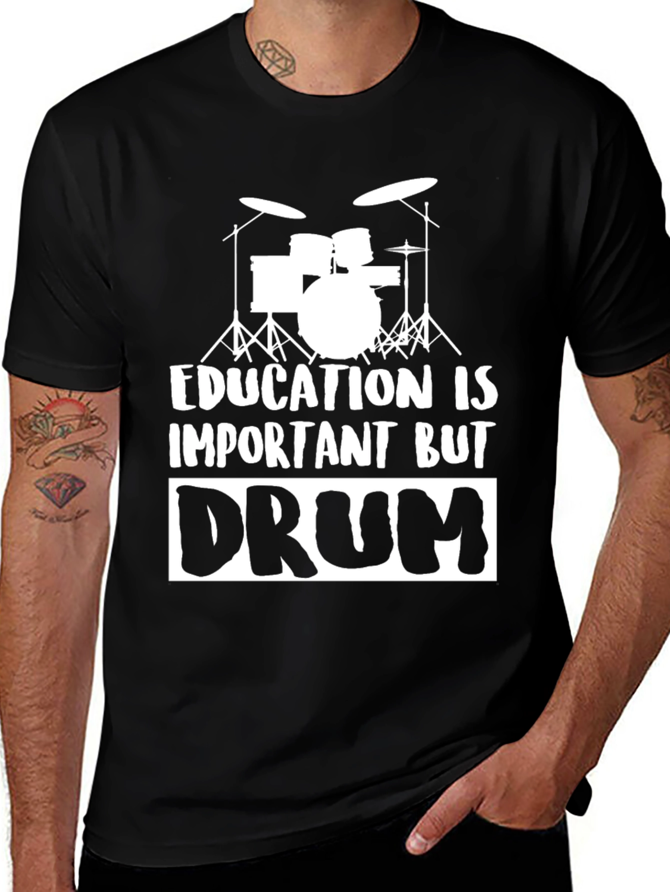 Variant 23 of Funny Drummer T-Shirt: Education Is Important But Drum