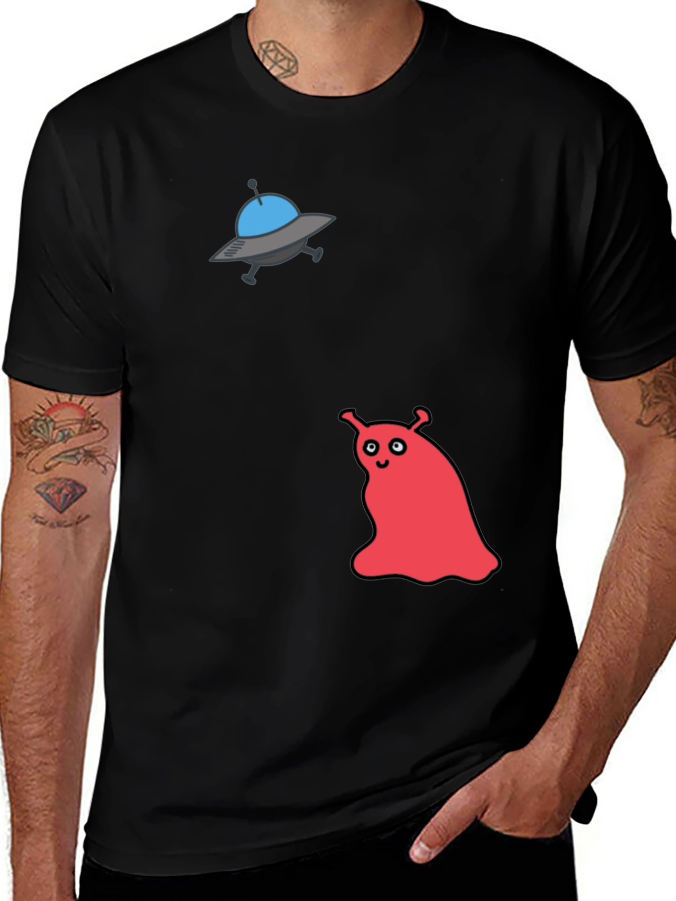 UFO & Red Alien Graphic Black T-Shirt