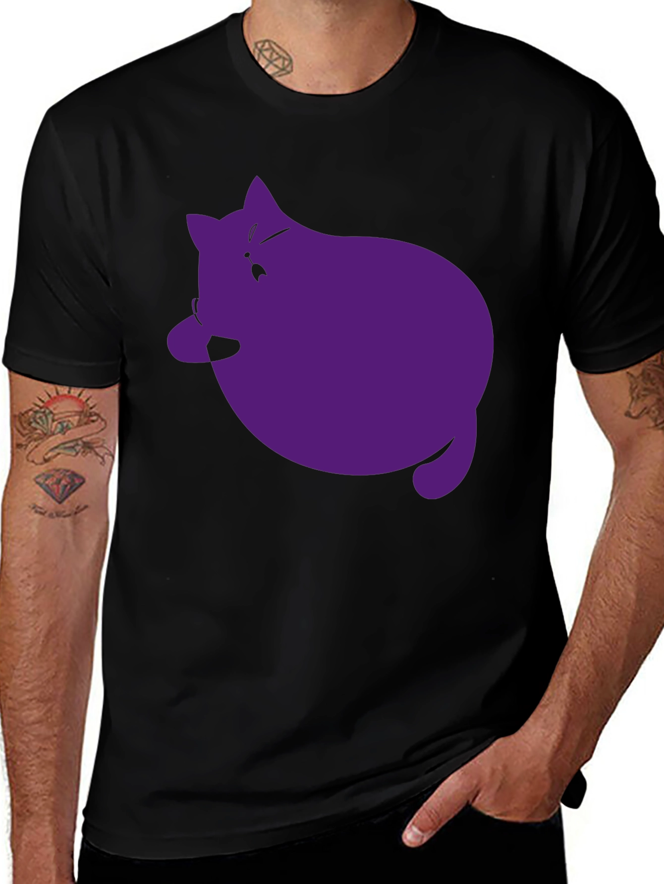 Black Men's Black T-Shirt with Purple Cat Graphic main image