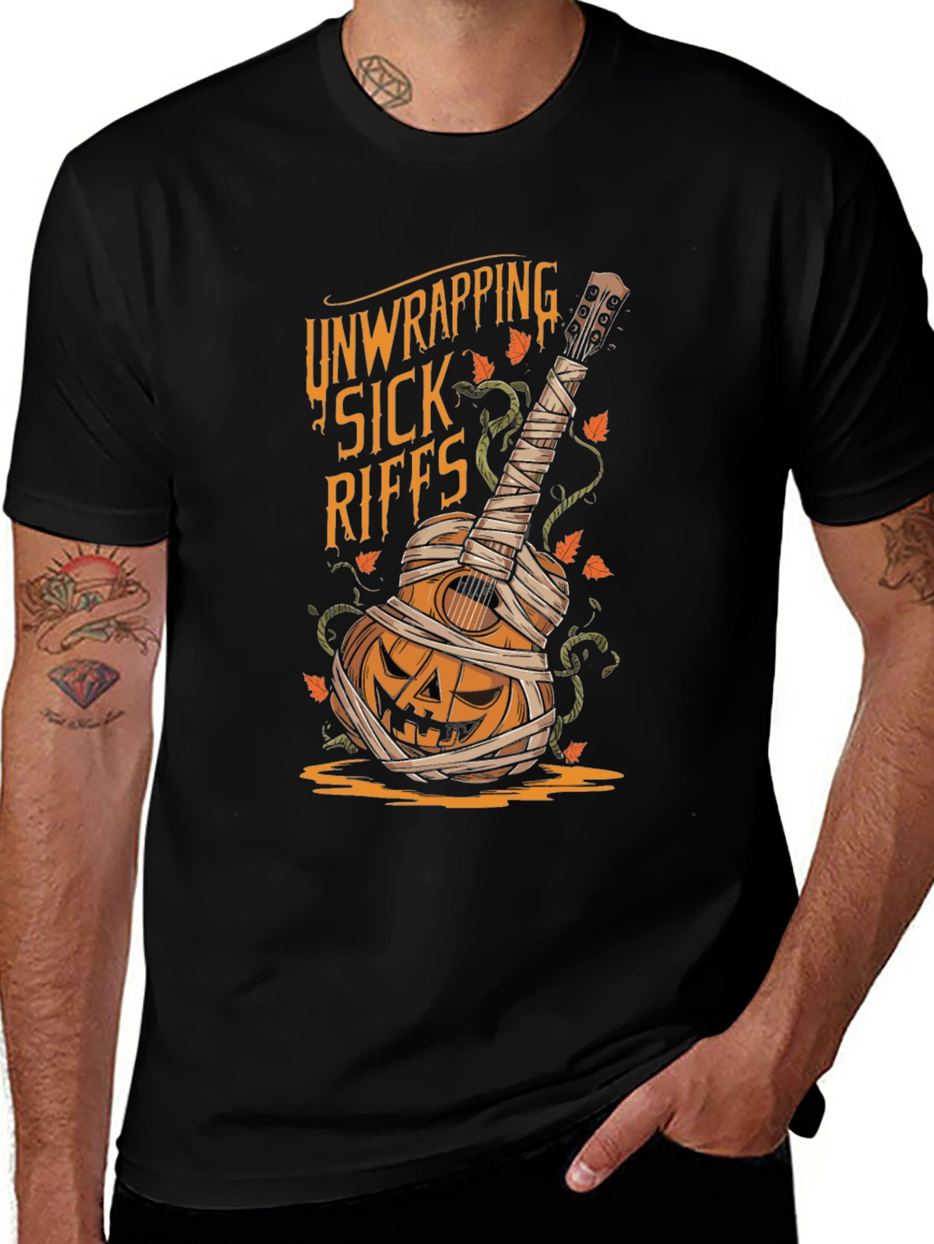 Variant 21 of Unwrapping Sick Riffs Halloween Guitar T-Shirt