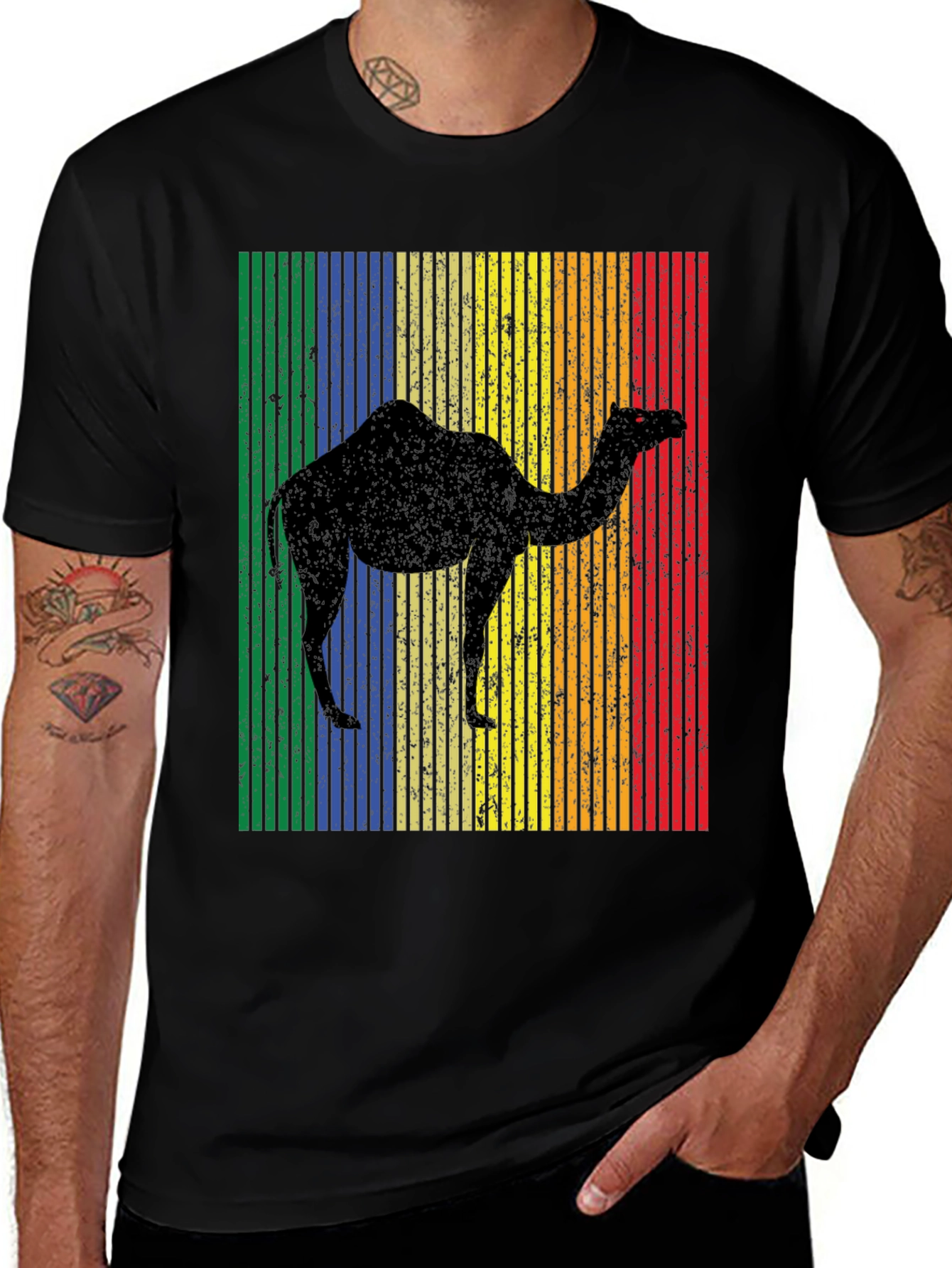 Variant 21 of Retro Camel Graphic Tee - Vintage Striped Design