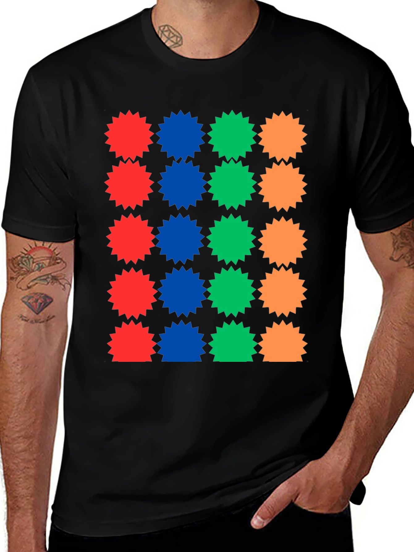 Variant 6 of Colorful Starburst Pattern Black T-Shirt