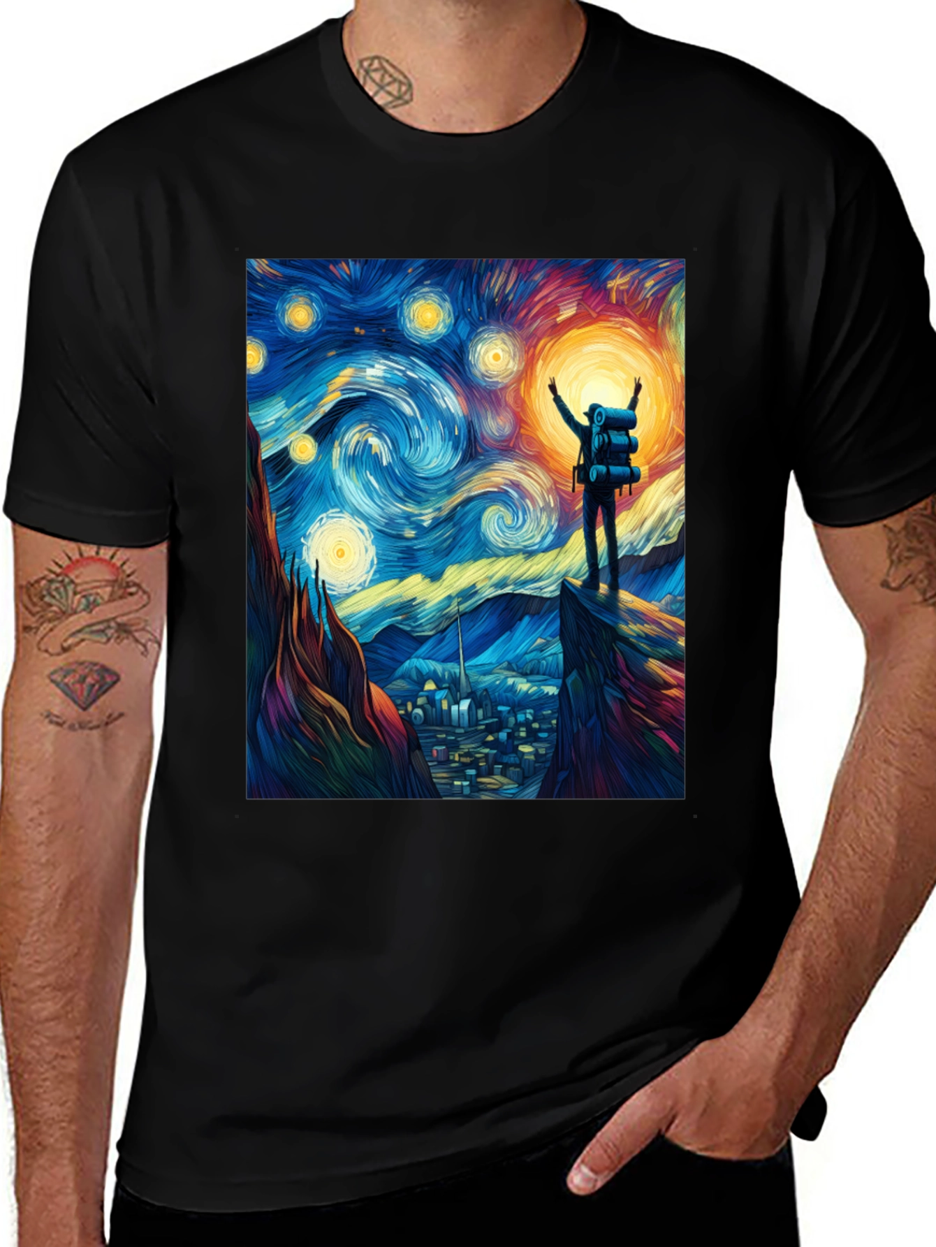 Variant 17 of Starry Night Hiker Graphic Tee - Artistic Men's T-Shirt