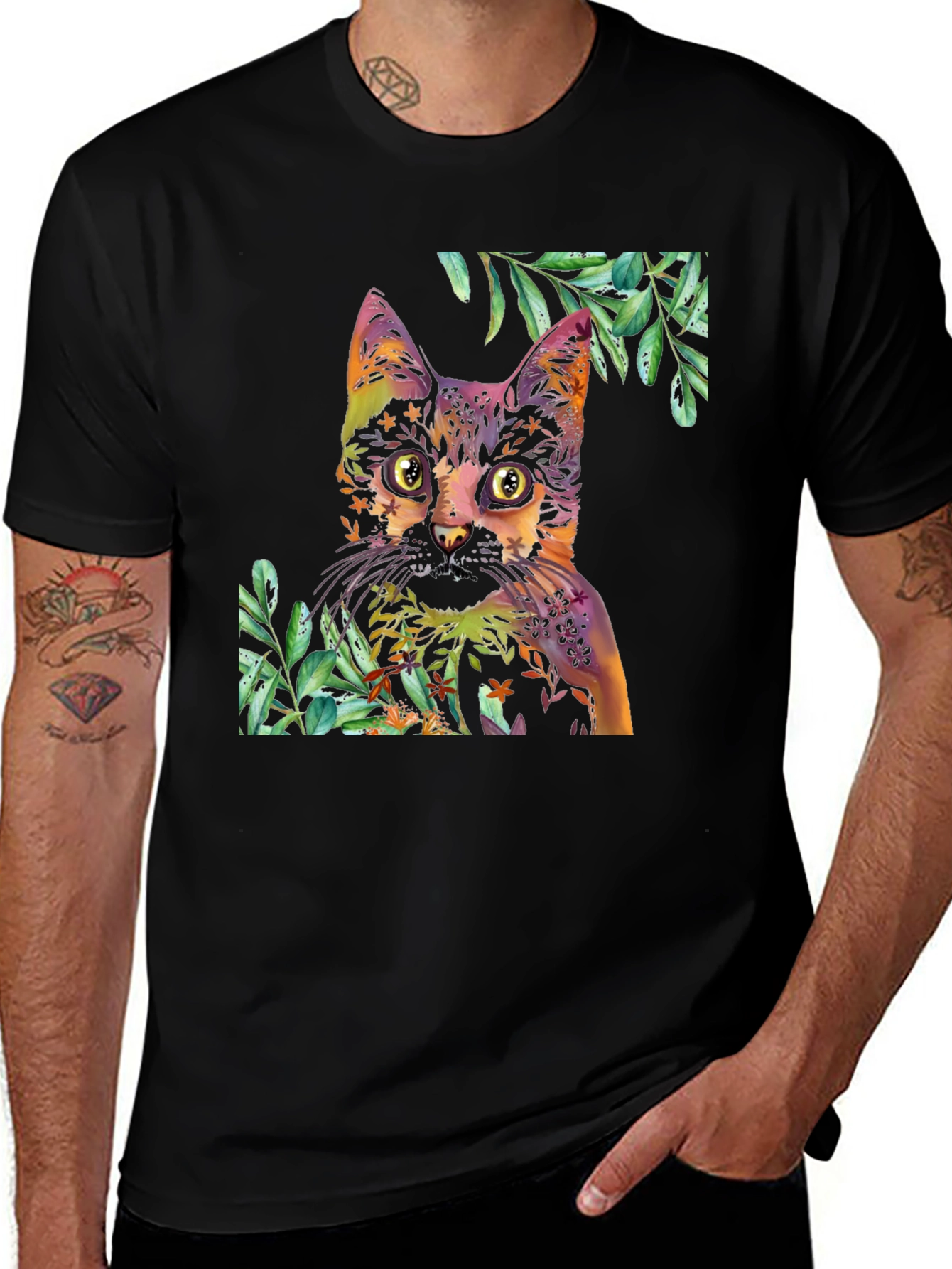 Variant 21 of Colorful Cat & Floral T-Shirt - Artistic Design