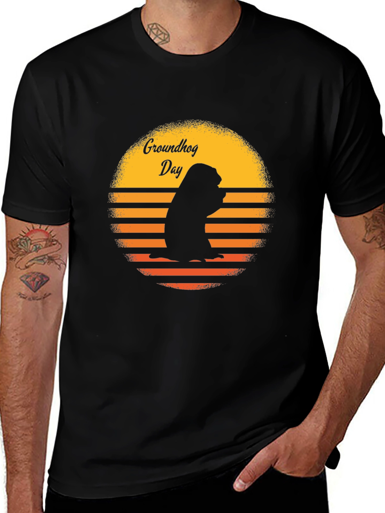 Groundhog Day Retro Sunset Black T-Shirt