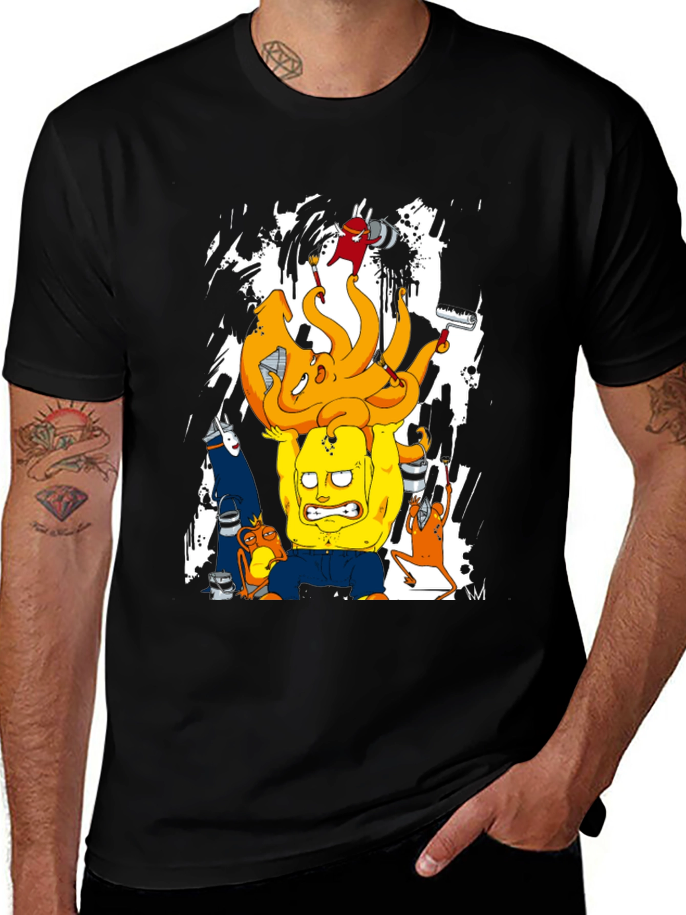 Black Cartoon Graphic T-Shirt - Black Crew Neck Tee main image