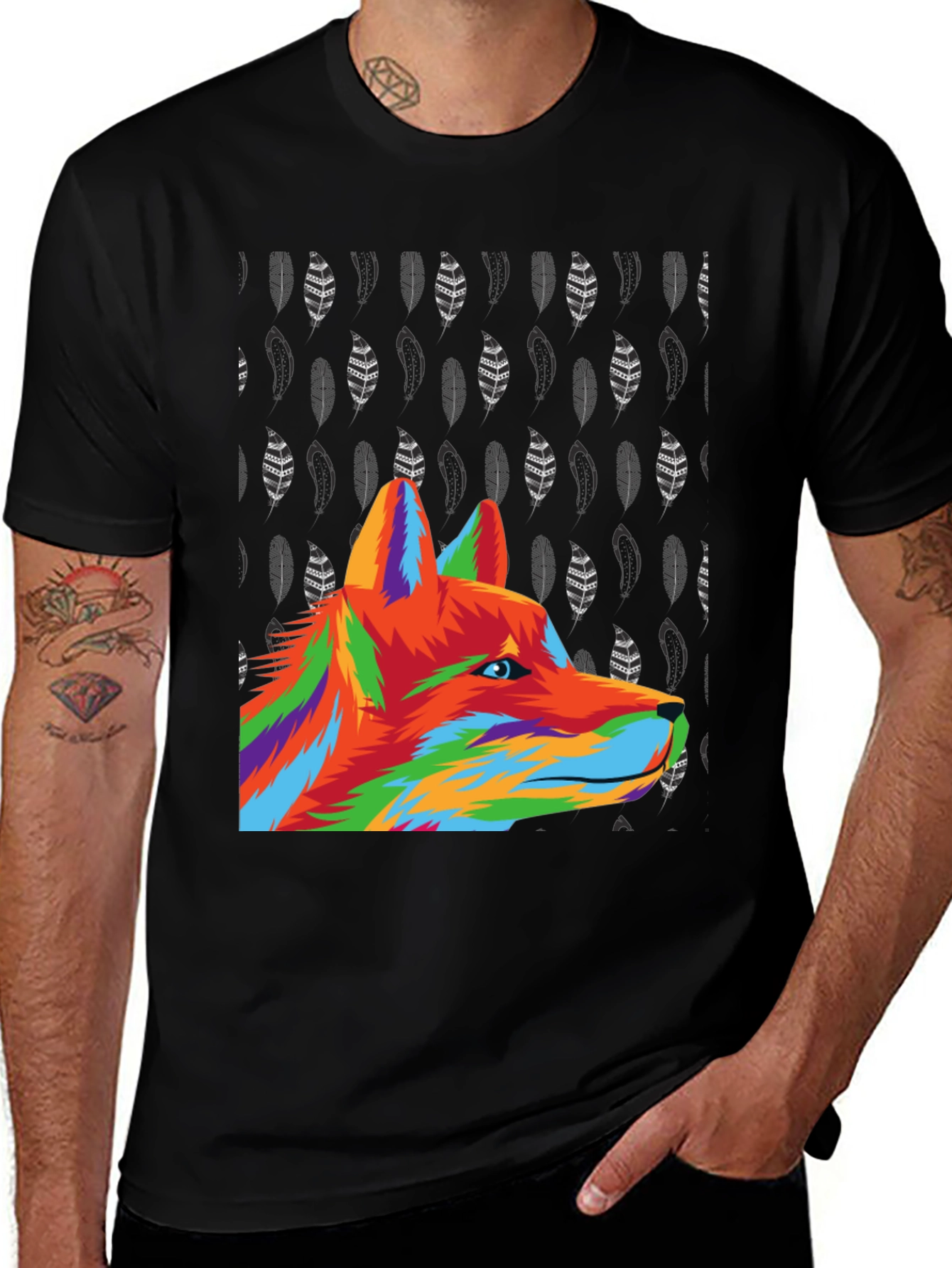 Variant 22 of Vibrant Wolf Graphic Tee - Black Cotton Blend