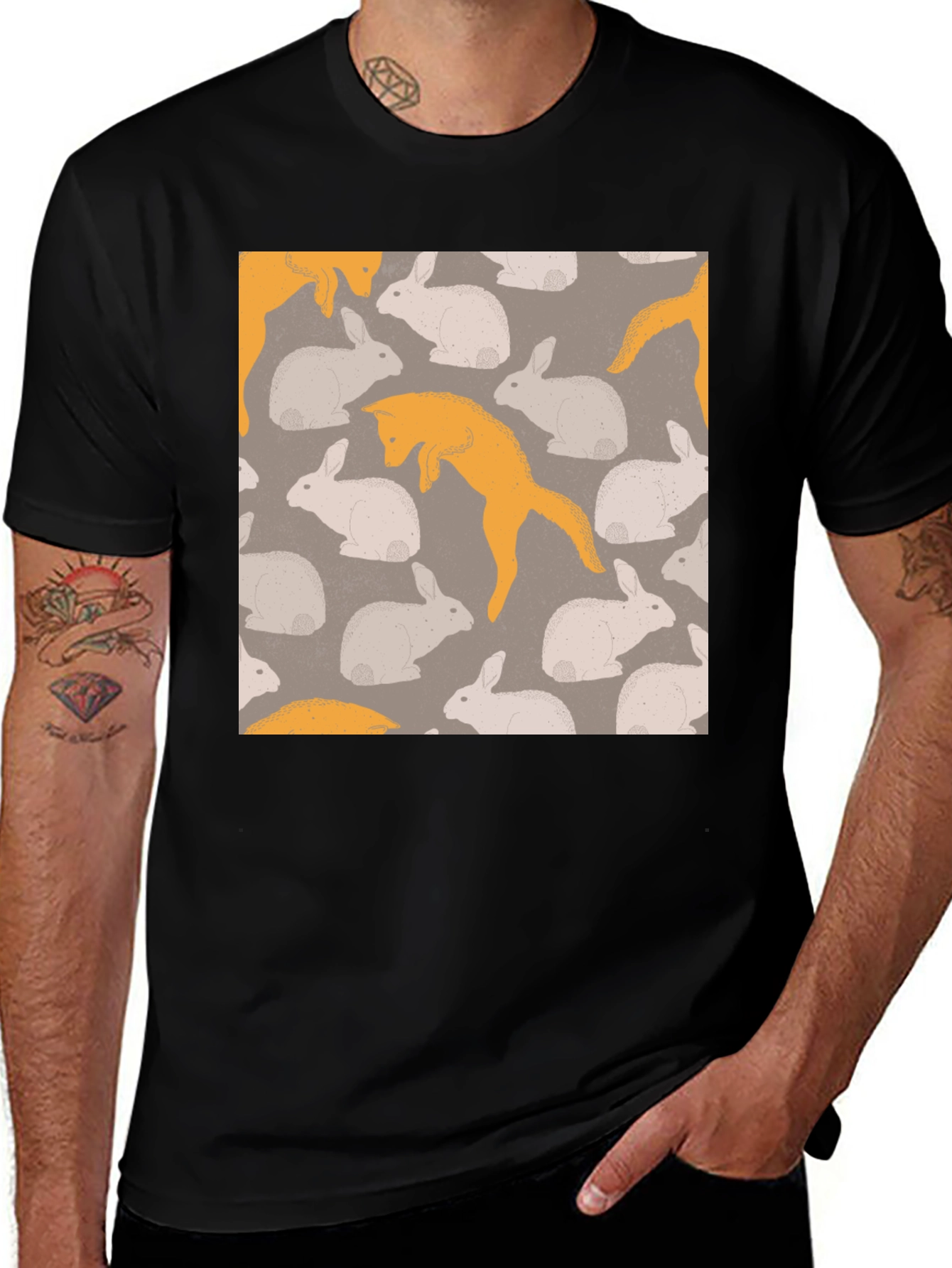 Variant 8 of Fox and Rabbit Pattern T-Shirt - Black
