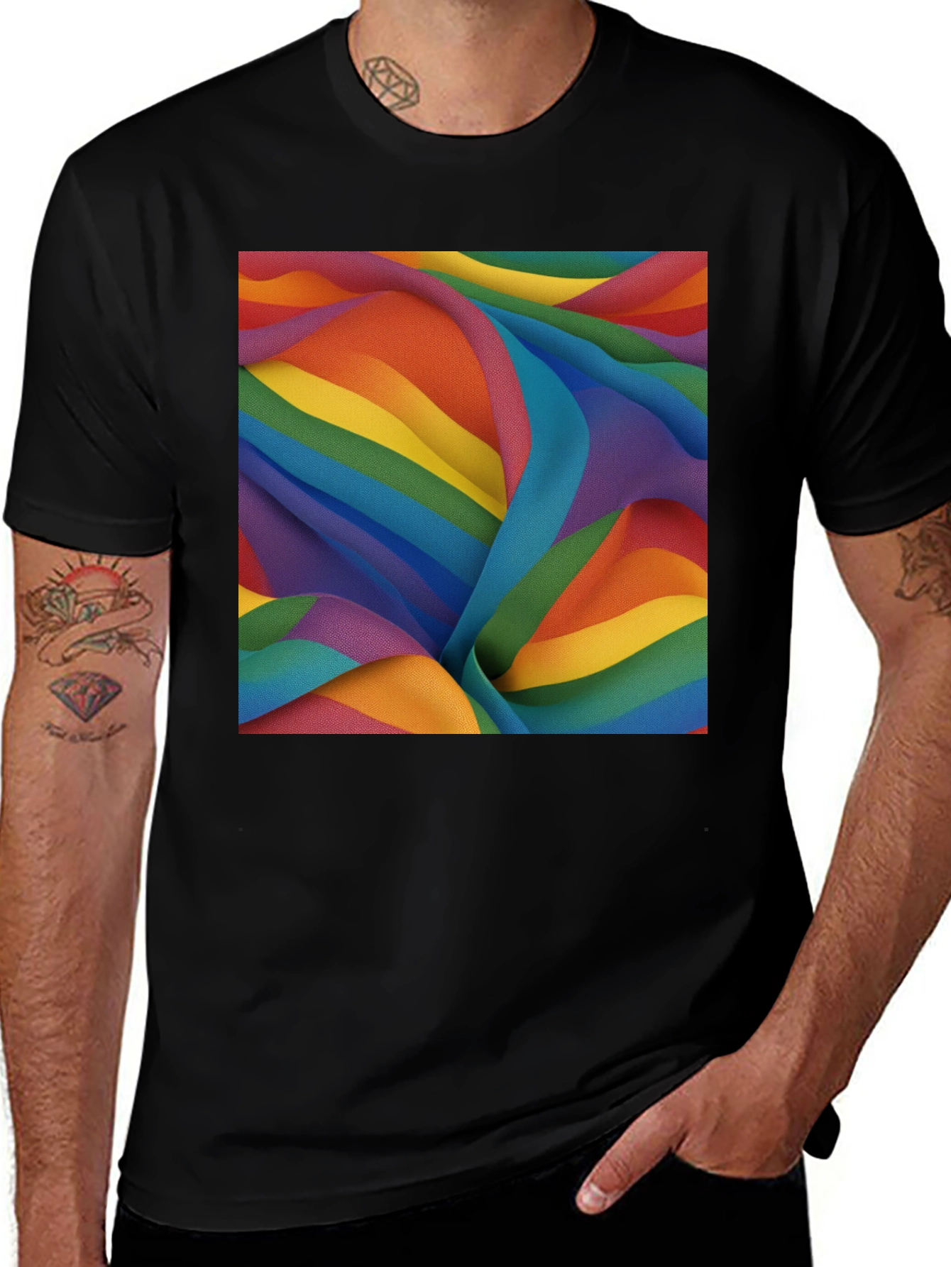 Variant 15 of Rainbow Fabric Pattern Black T-Shirt