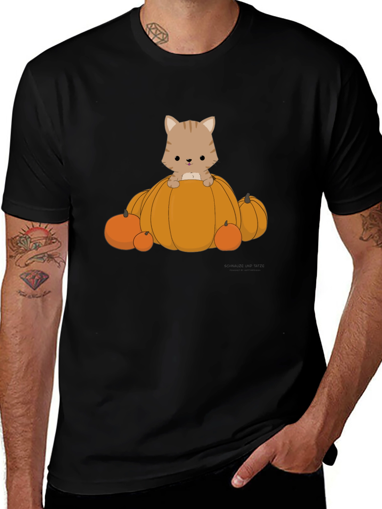 Variant 18 of Cute Kitten on Pumpkins Graphic Tee - Black Cotton T-Shirt
